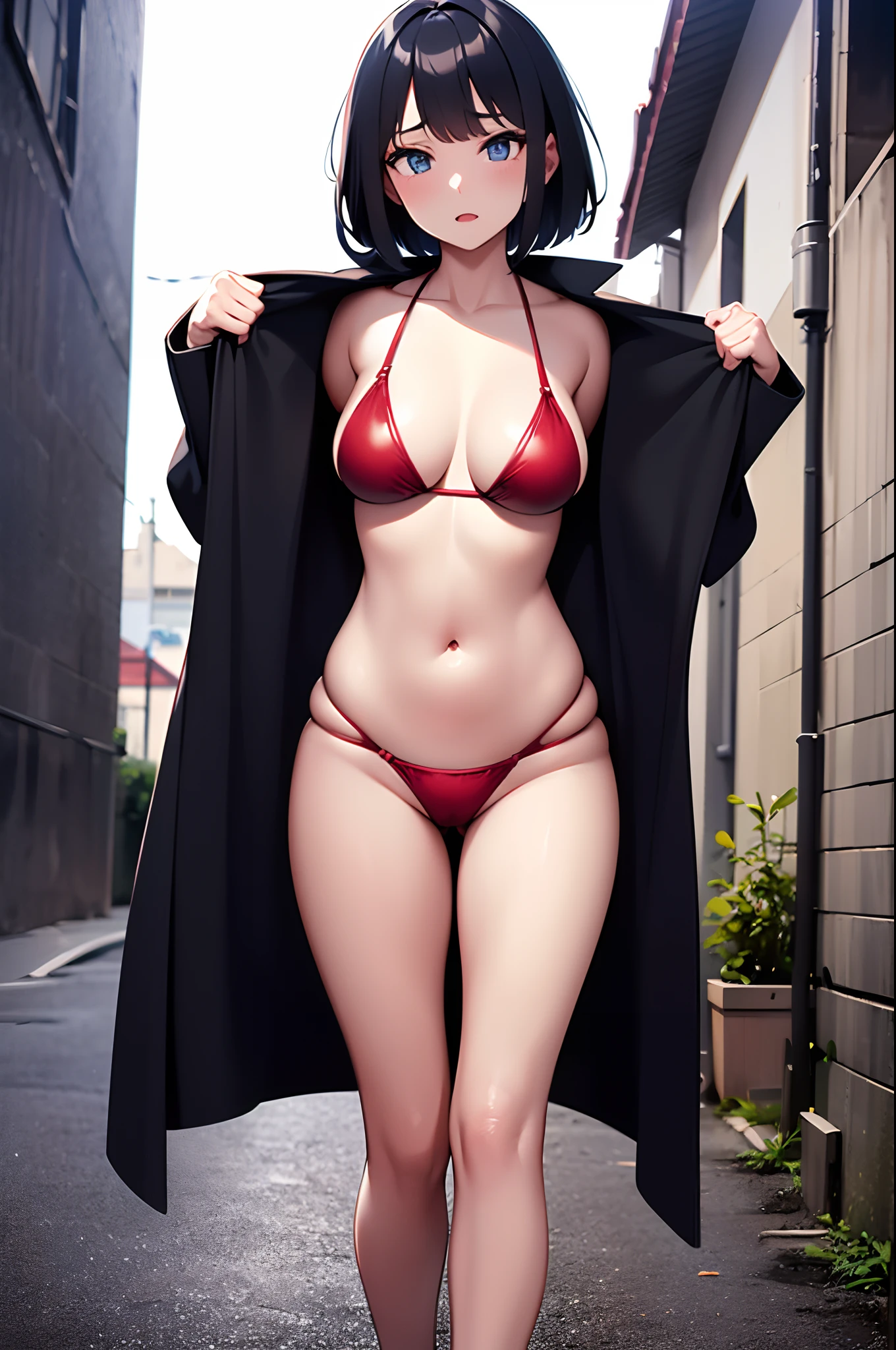 midnight, (1girl, solo:1.1), blown trench coat over red bikini, open the front the coat by myself, covered nipple, exhibitionism, standing, spread legs, foot out of frame, slender, bob cut, dirty back alley, outdoor, (masterpiece, best quality, high resolution:1.3), anatomically correct, kawaii anime CG,