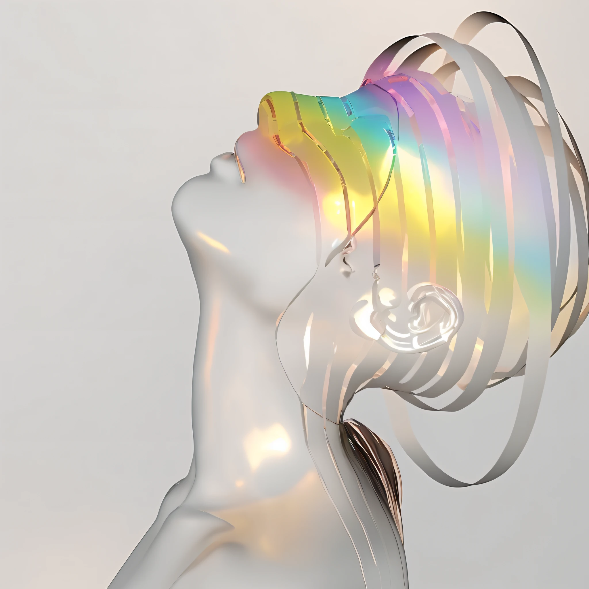 There was a woman,There is rainbow-colored hair and a pair of earrings, transparent holographic being, Glowing rainbow face, glitters # Imaginative realism, illustration iridescent, Holographic design, transparent glass woman, iridescent skin, Rainbow digital art, octane render a lonely rainbow, ethereal rainbows, Hologram effect, 'a human head made of glass