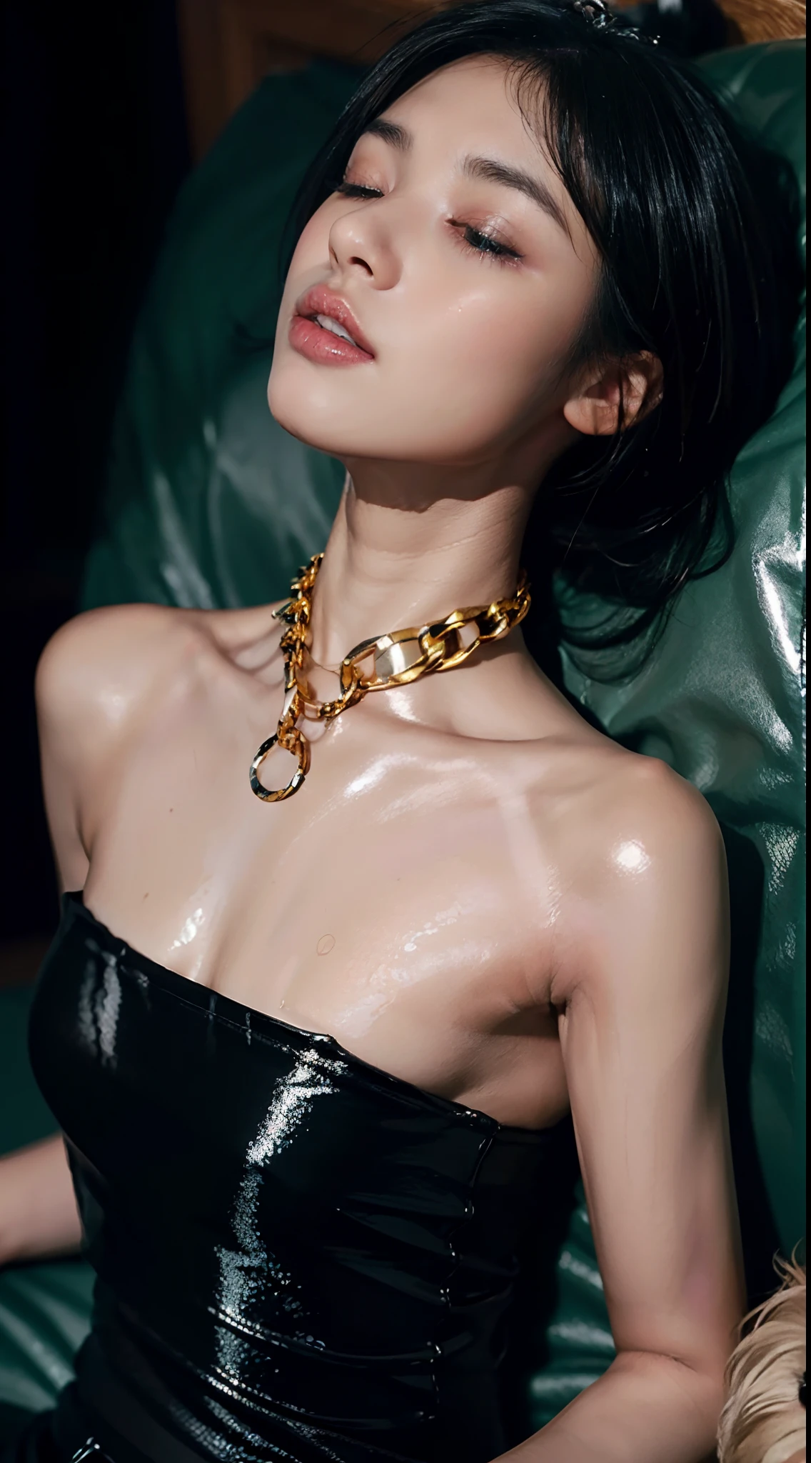 (shoulder-length straight short hair: 1.2),(black hair:1.5),（Extremely meticulous CG 8k wallpaper），（Extremely refined and beautiful），（Masterpiece），（best qualtiy:1.0），（Ultra High Resolution:1.0），beautiful light up，Perfect lightning，realistic shaded，[A high resolution],(Smooth and flawless fair skin:1.5),(shiny skin:1.5),Extremely exquisite facial details，ultra - detailed，A  girl，small head,(Tie a dog chain around neck:1.5),dawn,Dim light,Close Shot,at home,in bedroom,lying flat on back in bed,Blue green background,(Close eyes:1.5), sleeping, fainting, enjoying a comfortable and intoxicated expression,(open mouth:1.3),(drooling:1.4)，Top down overhead camera perspective，small face,（perfect body:1.1）,small breasts，flat chest，slim,(Black lace tank top),(black pantyhose:1.3),Slender legs,m-legs,(femal orgasmic:1.5),(blush:1.3),ahegao,cowboy shot,portrait
