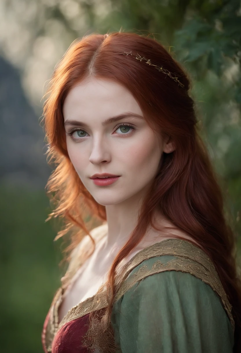 (((a deep reddish wound crosses her left cheek))) fair complexion, woman around 19 years old, natural red hair, distinctive green eyes, wearing kohl, slender and graceful, beautiful, candlelight in a medieval setting, ultra sharp focus, realistic shot, medieval female clothes, tetradic colors (scar:1.4)