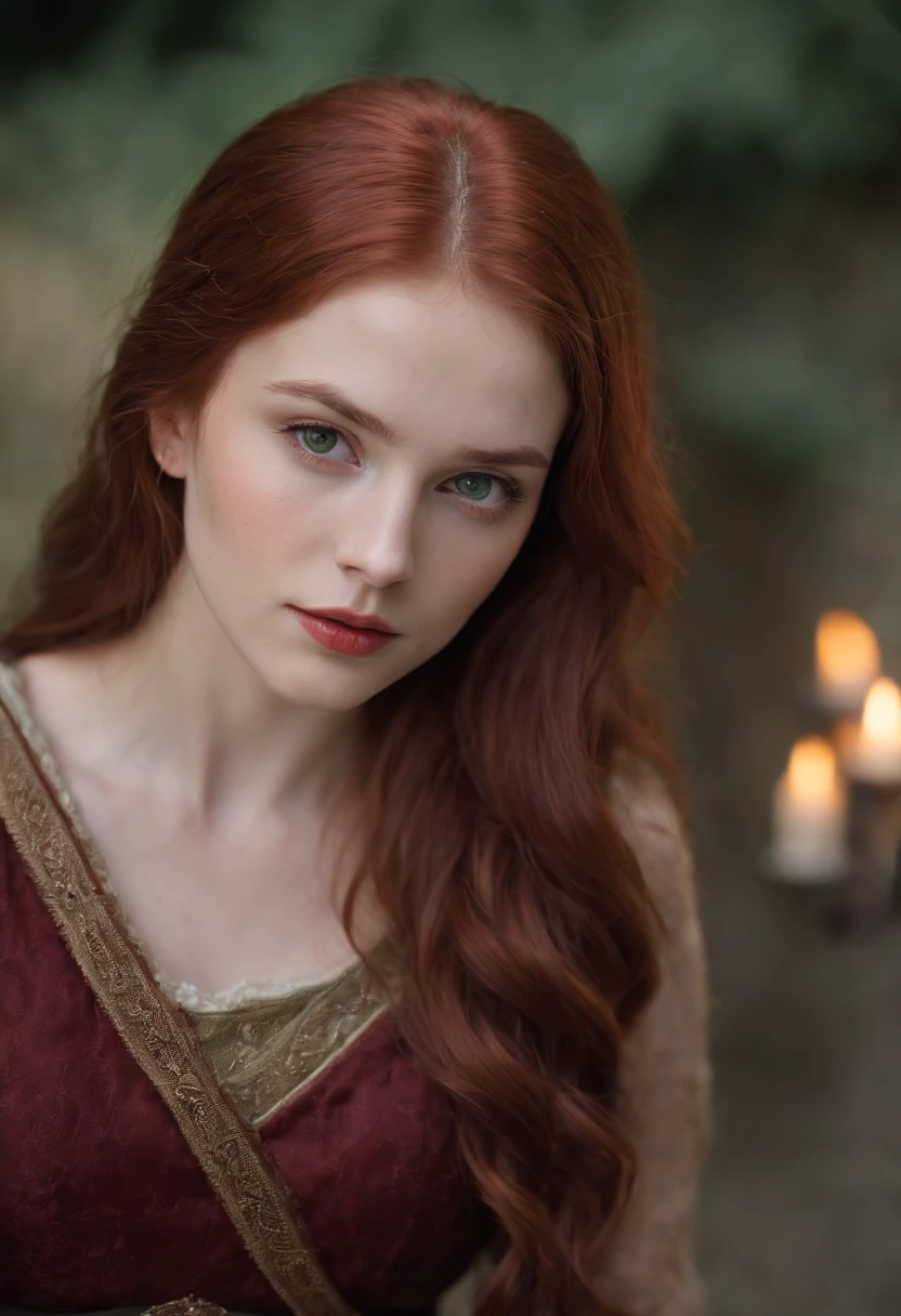 (((a deep reddish wound crosses her left cheek))) fair complexion, woman around 19 years old, natural red hair, distinctive green eyes, wearing kohl, slender and graceful, beautiful, candlelight in a medieval setting, ultra sharp focus, realistic shot, medieval female clothes, tetradic colors (scar:1.4)