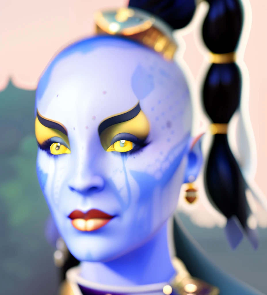 masterpiece, high quality, detailed photo, 8k, 4k, (1man), detailed head, detailed face, ultra-sharp focus, detailed eyes, detailed hair, (detailed head accessories), high resolution details, [detailed cloth|detailed armor|light jewelery:1], (bald head, hair hoop crown), (black ponytail hair), heroes of might and magic hero portrait, a female Gin with a blue face and a hair ponytail on top of their head, inspired by Kees van Dongen, of a futuristic woman selk'nam, portrait of megan fox as a queen, birch, dreamworks animated bjork, avatar image, evil godess, bjork, oriental face, jinx, blue head, jojo