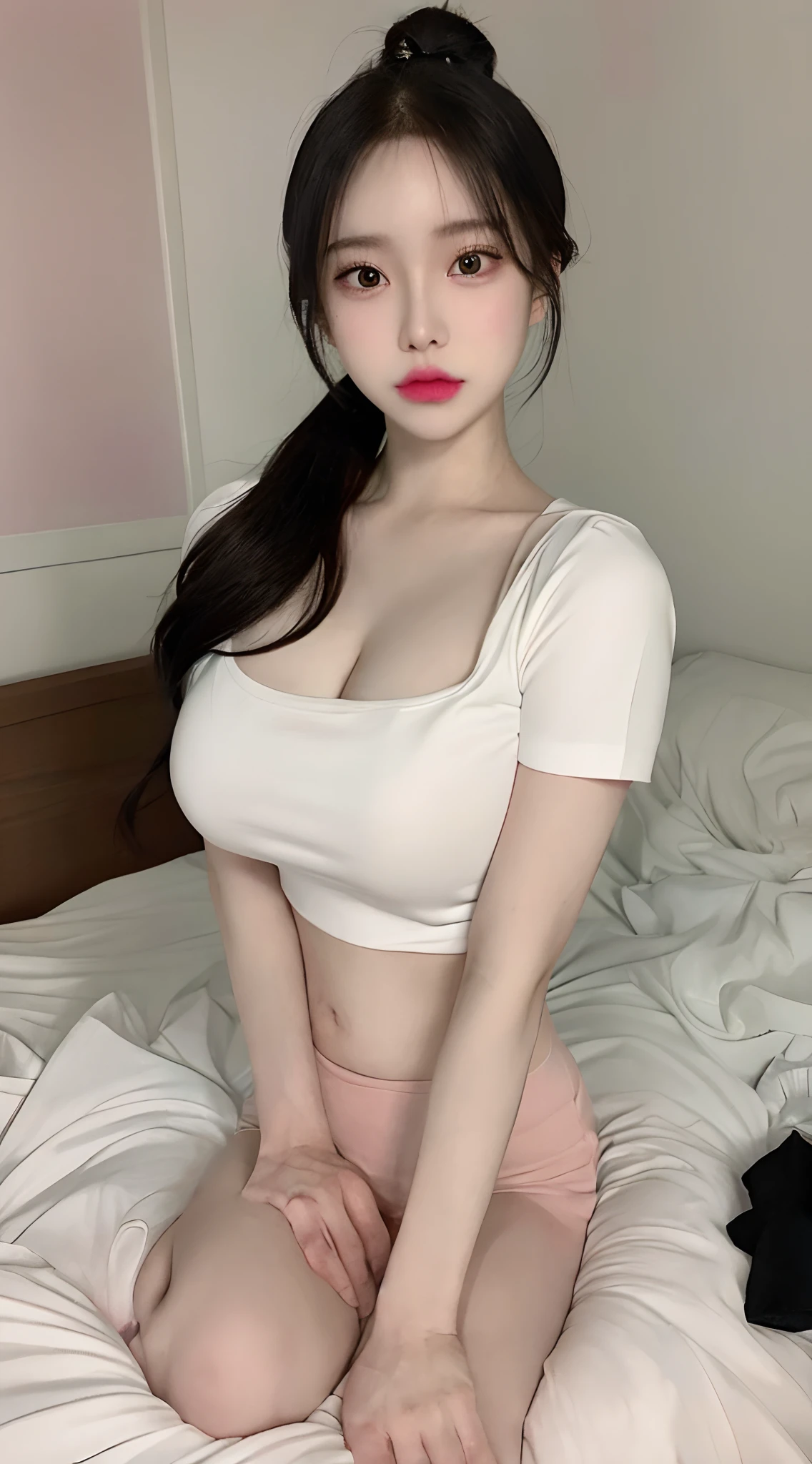 Raw foto, Photorealistic, s whole body, ponytail hair, pale-skin, Black eyes, Pink lips, (Cute), detailed background, Detailed face, Detailed Eyes, Detailed hair, All renders, super detaill, Anatomically accurate., high detailed, High Quality, Best Quality, high resolucion, 8K, Masterpiece,White shirt,On the bed