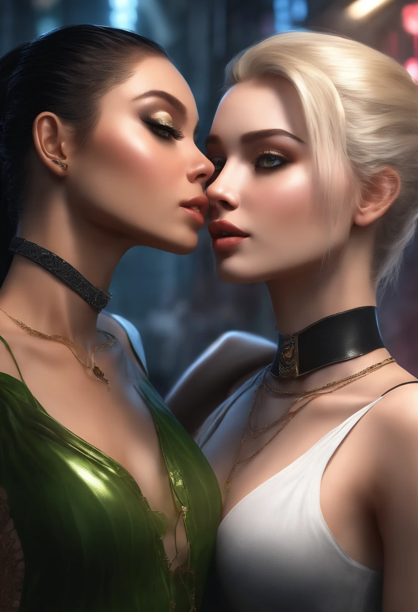 (masterpiece, best quality, 8k, sharp focus, depth of field, best shadows, perfect lights, HDR, realistic skin texture, ultra-detailed background, detailed), anime style, 2 women kissing (one of them has green eyes, white skin, black hair with ponytail, choker, small breasts, slim, makeup, eyeliner, glitter), (the other woman has blonde hair), at a night club, cyberpunk theme, Cyberpunk City.