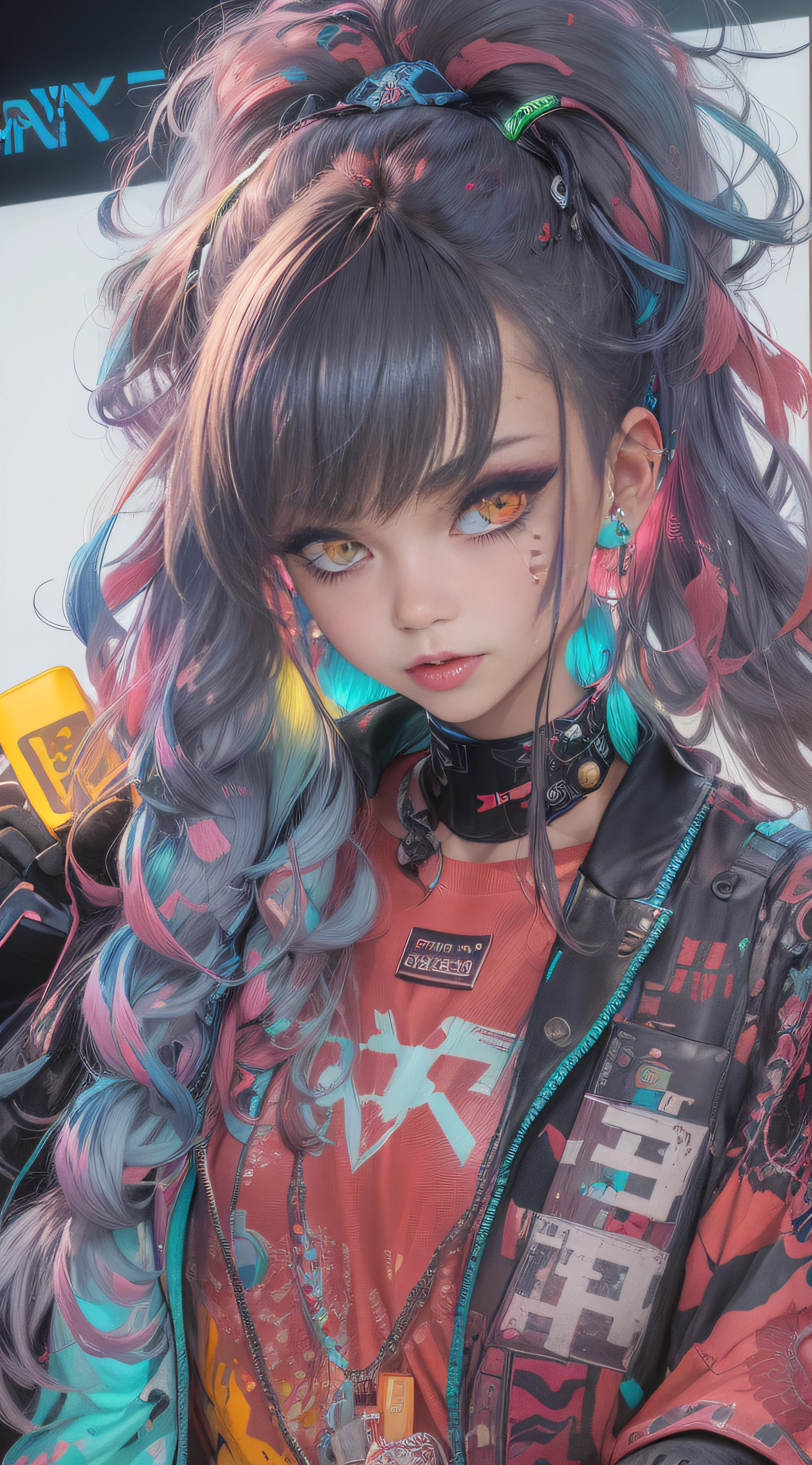 masterpiece, best quality, ((dark background:1.4)), cyberpunk girl, looking at viewer, Confident cyberpunk girl with sassy expression, Harajuku-inspired pop outfit, bold colors and patterns, eye-catching accessories, trendy and innovative hairstyle, vibrant makeup, bright and vivid neon color scheme, anime, illustration, detailed skin texture, detailed cloth texture, beautiful detailed face, intricate details, ultra detailed.