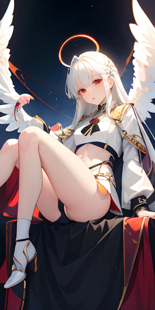 angelicales，girl with,Sit up，on clouds， military outfits,White hair, Red Eyes, Magic Circle, landscape, Blood, , depth of fields, Night, light Particle, llight rays, side lights, thighs thighs thighs thighs, Fate \(Series\), GenshinImpact, ****, Open jacket, thighs thighs thighs thighs, cloud