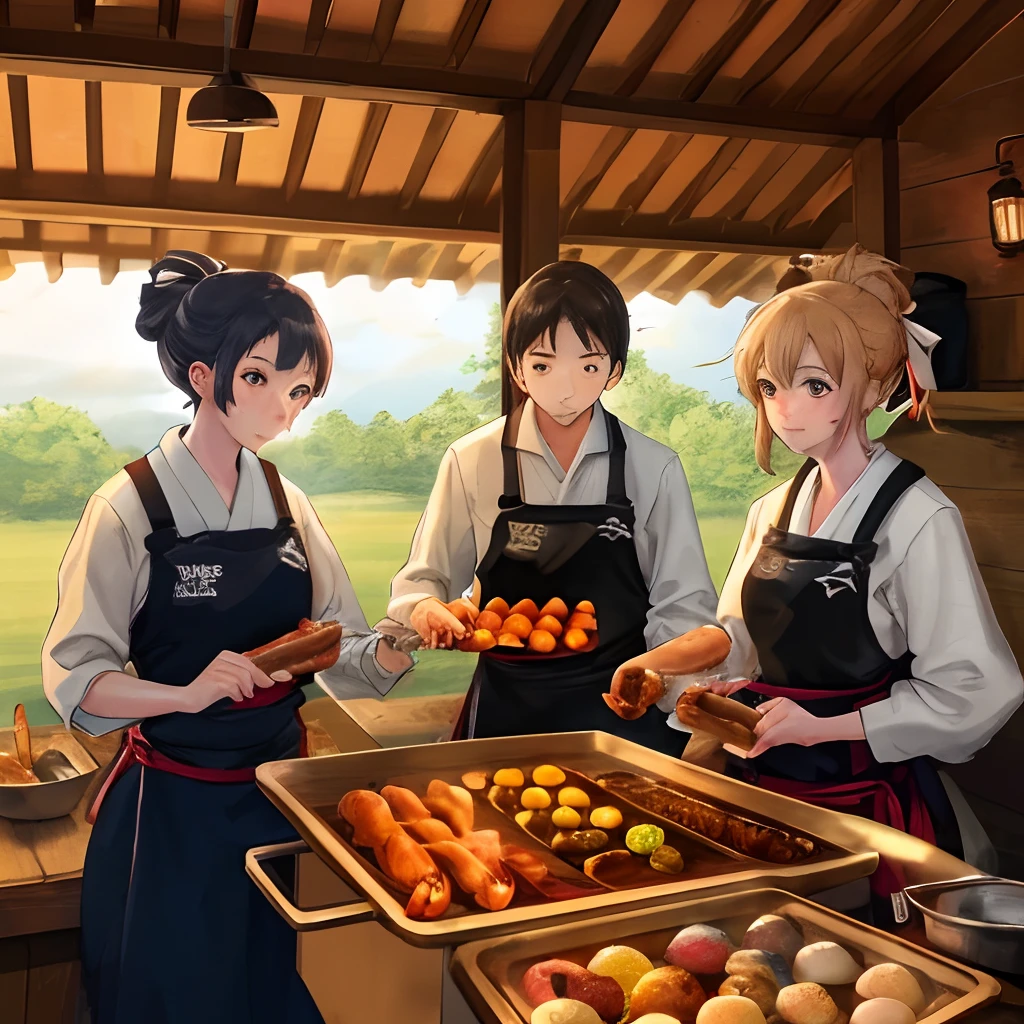 Kendo club members are using a smokehouse to smoke sausages and quail eggs.