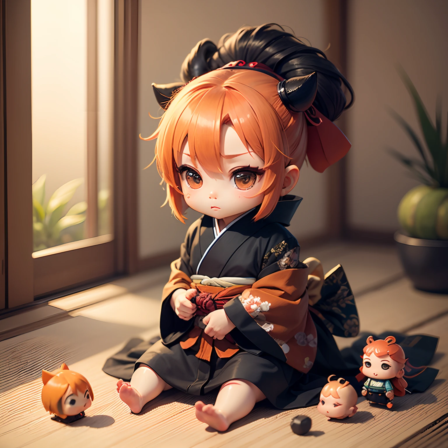 ​masterpiece、top-quality、ultra-detailliert、(Momotaro Chibi:1.2)、ember、kimono、peaches、Sit up、