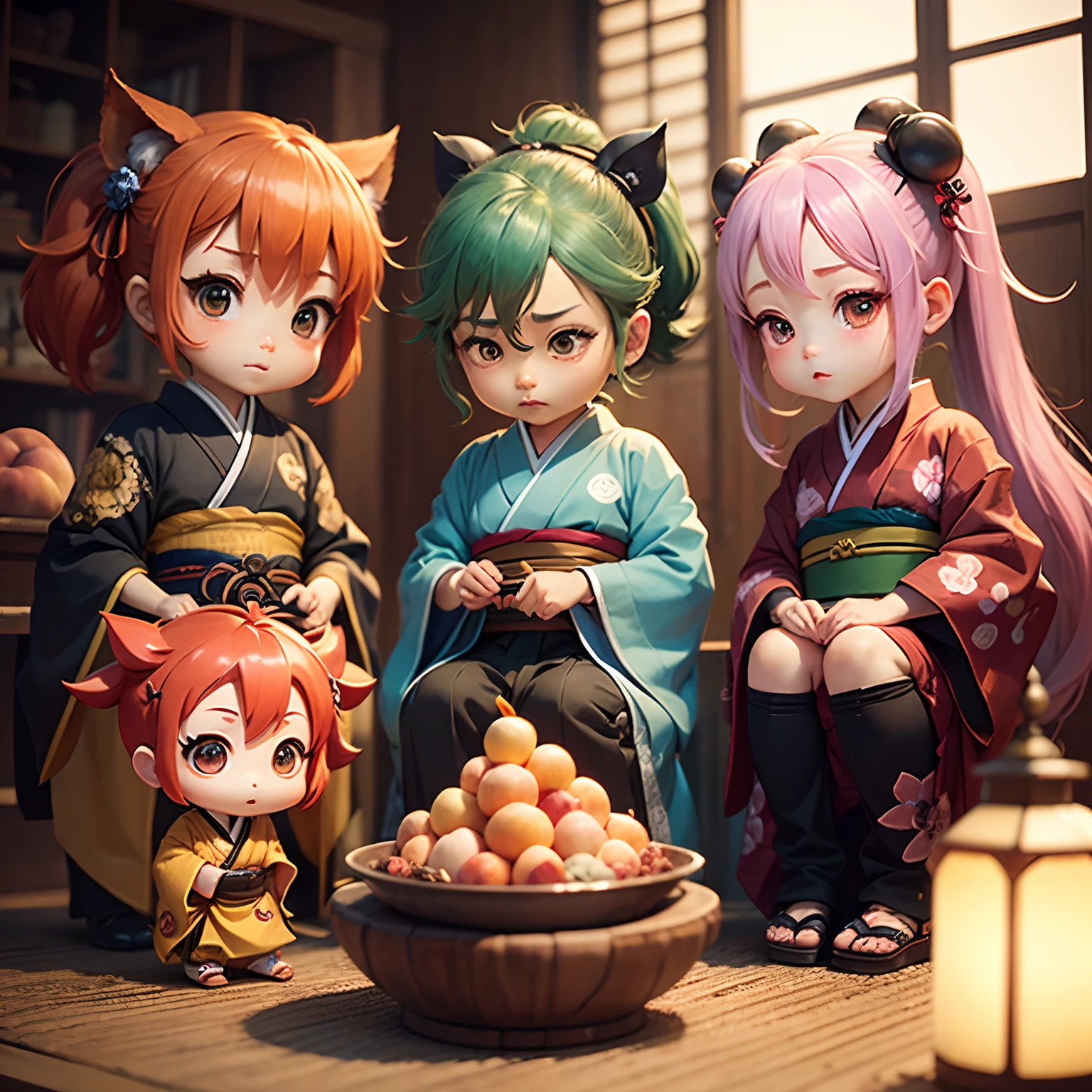 masterpiece、top-quality、ultra-detailliert、(Momotaro Chibi:1.2)、ember、kimono、peaches、Sit up、