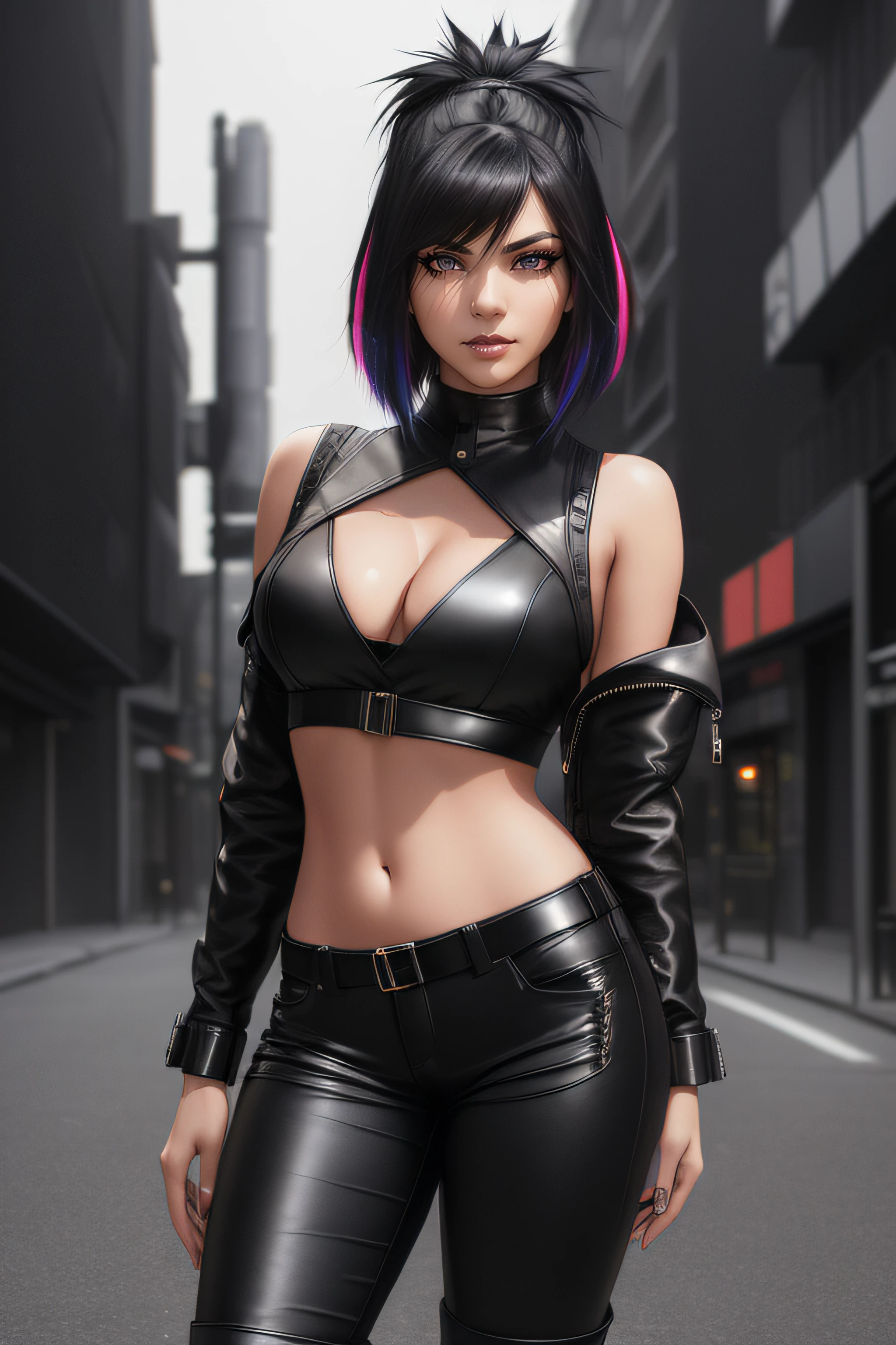 beautiful girl, ((standing:1.4)), (confident gaze:1.1), full body, short bright neon streaked black hair, ((large light realistic highly detailed eyes:1.4)), ((seductive pose:1.2)), black eyeshadow, (street style wear:1.2), ((tight fitted pants)), ((knee high leather boots)), (dark city night black background:1.4), dark makeup, digital art, trending on artstation, highly detailed, fine detail, intricate, beautiful detailed glow, detailed, Cinematic light, high-res, detailed facial features, sharp focus, smooth, aesthetic,