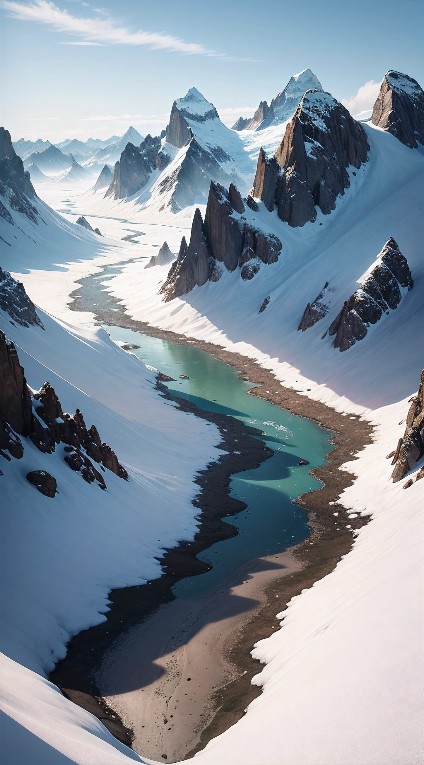 Create a breathtaking, photorealistic image of a remote mountain landscape dominated by vast glaciers. The scene should exude a profound feeling of solitude and isolation, making the viewer feel as if they are the only person in this pristine wilderness. Picture towering snow-capped peaks, with immense glaciers slowly flowing down the valleys. The sky should be clear, but with a hint of the crisp, thin air found at high altitudes. The lighting should be soft, with the first or last light of day casting long, tranquil shadows. The only signs of human presence should be the footprints left behind in the untouched snow. This image should capture the serenity and vastness of the mountains, offering a perfect background for a phone that evokes a sense of solitude and wonder.