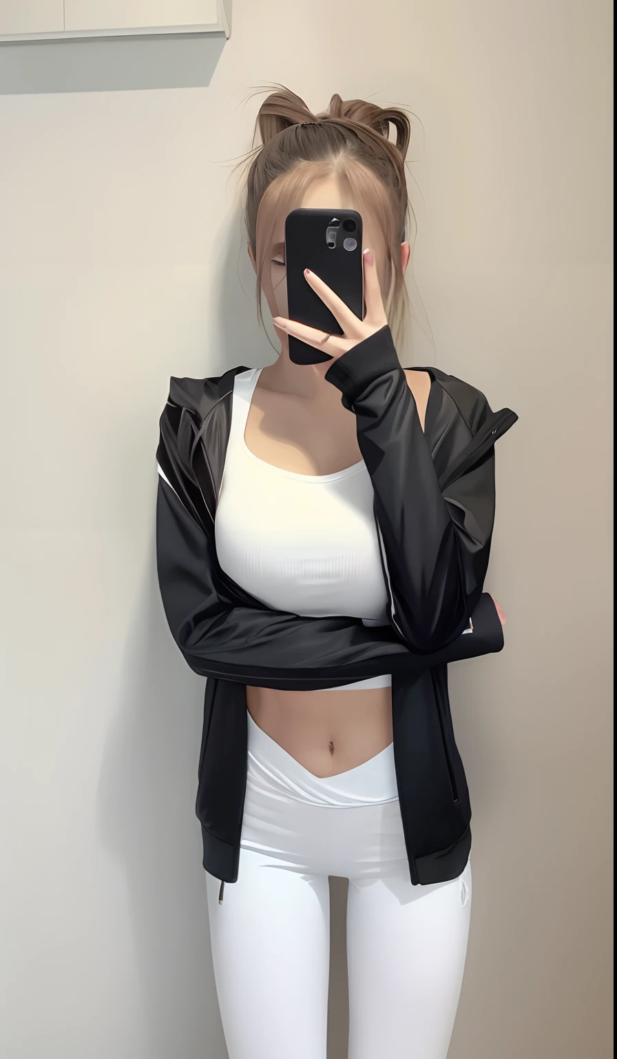 there is a woman that is taking a selfie in a mirror, generous cleavage open jacket, Open jacket, Open V chest clothes, smooth white tight clothes suit, cropped shirt with jacket, Short jacket, Long shirt, Slender waist, jiyun chae, photo of slim girl, 2 4 year old female model, with ripped crop t - shirt, cottagecore!! fitness body