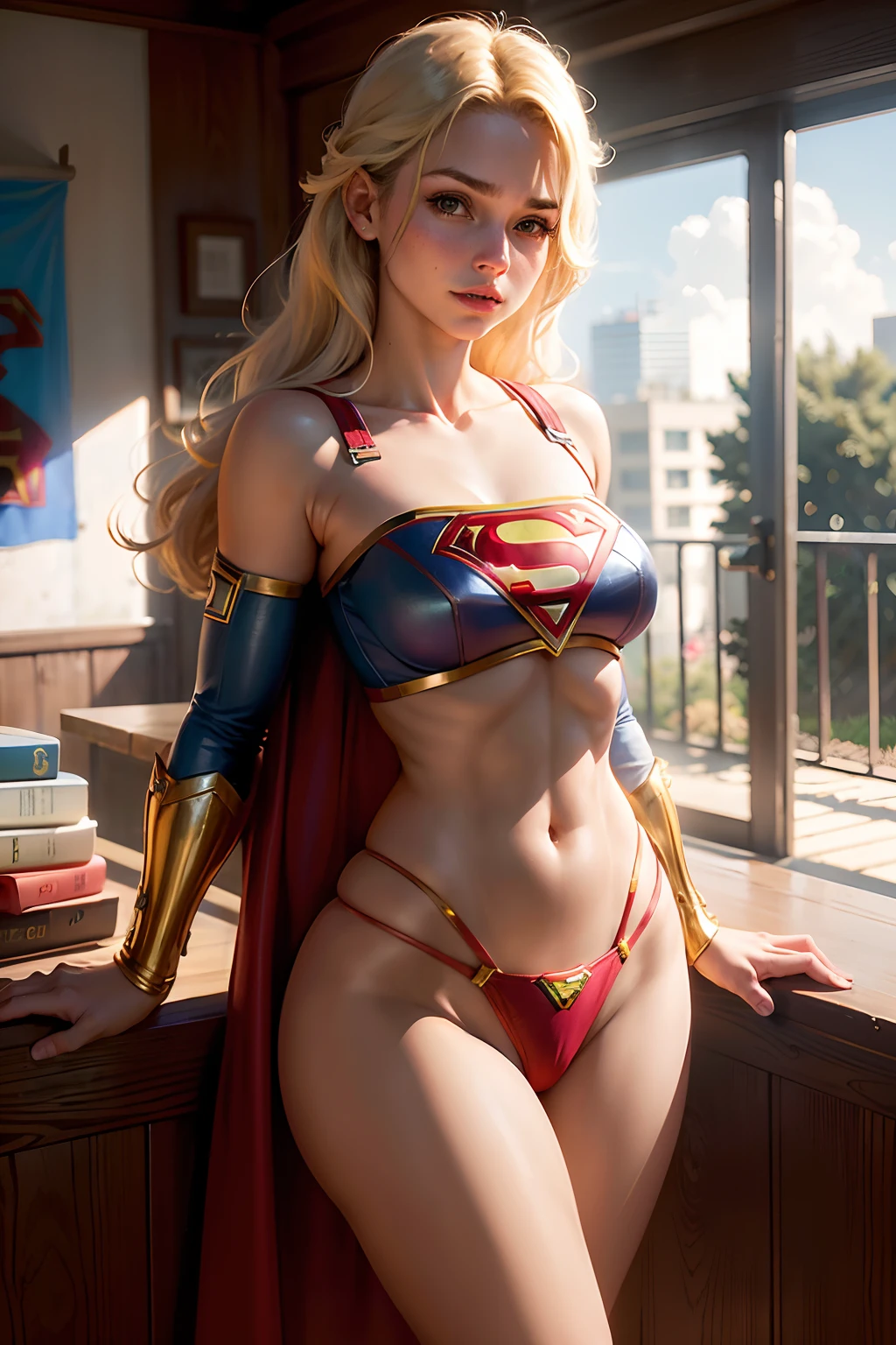 Supergorl, cabelo longo loira, 18 anos, seios grandes, vestindo (lingerie arreios terno supergirl), altamente detalhado, art-station, liso, foco nítido, 8k, (Peito Inferior), bra hopefully falling off, bra hopefully falling off, Exotic pose