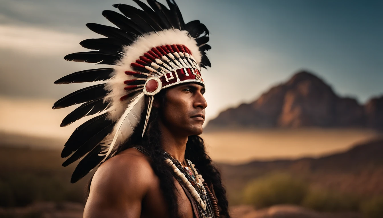 Hyperrealistic cinematic image of a King with feathers on his head, Indian warrior, eagle feather, warrior spirit, american indian headdress, indigenous art, Nikon D850 Filme Fotografia de Stock 4 Kodak Portra 400 Lente F1.6 Rich Colors Realistic Texture Dramatic Texture Dramatic Lighting Irrealengine Trend on Artstation Cinestill 800
