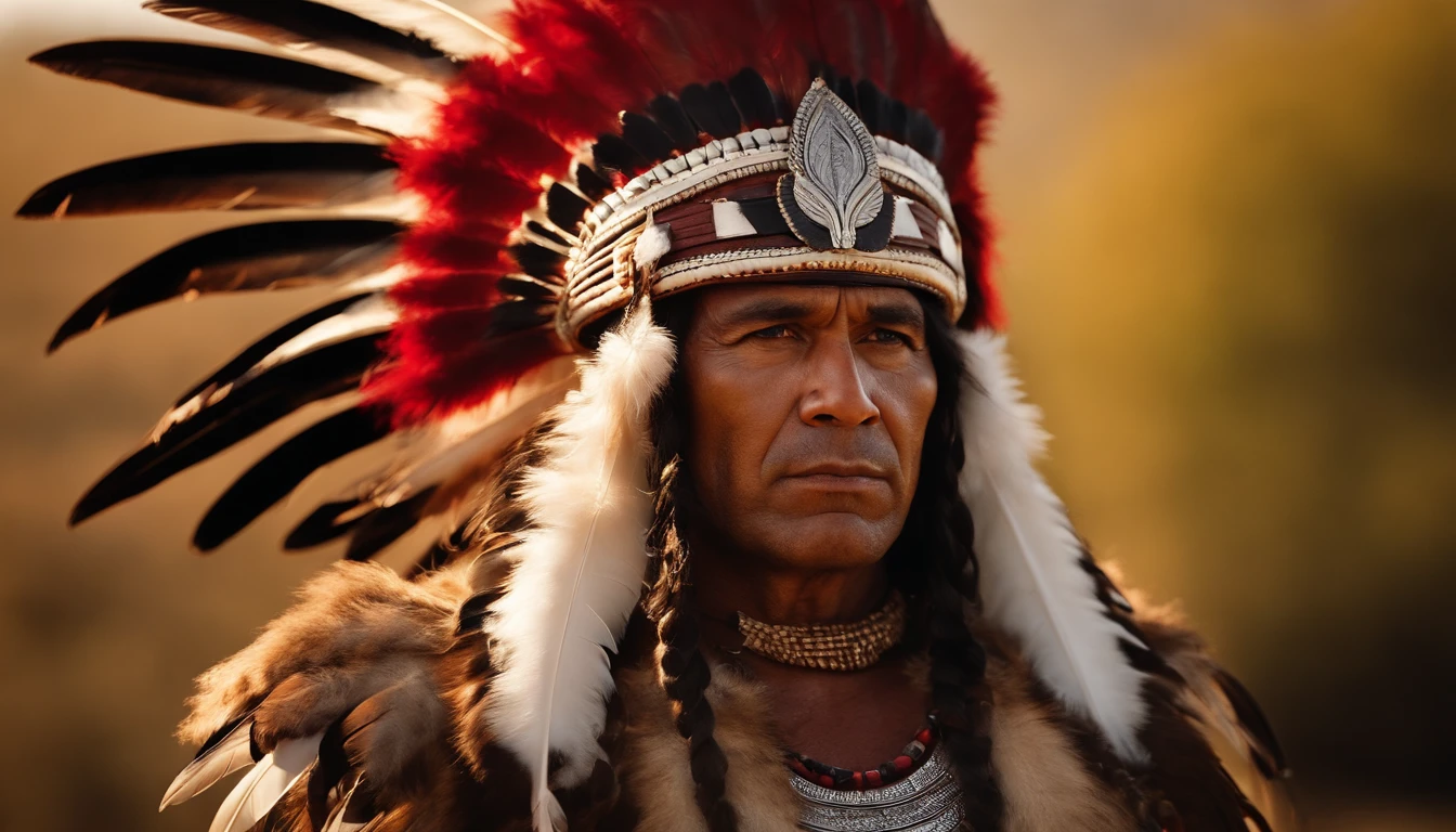 Hyperrealistic cinematic image of a King with feathers on his head,  Indian warrior, eagle feather,  warrior spirit, american indian headdress, indigenous art, Nikon D850 Filme Fotografia de Stock 4 Kodak Portra 400 Lente F1.6 Rich Colors Realistic Texture Dramatic Texture Dramatic Lighting Irrealengine Trend on Artstation Cinestill 800