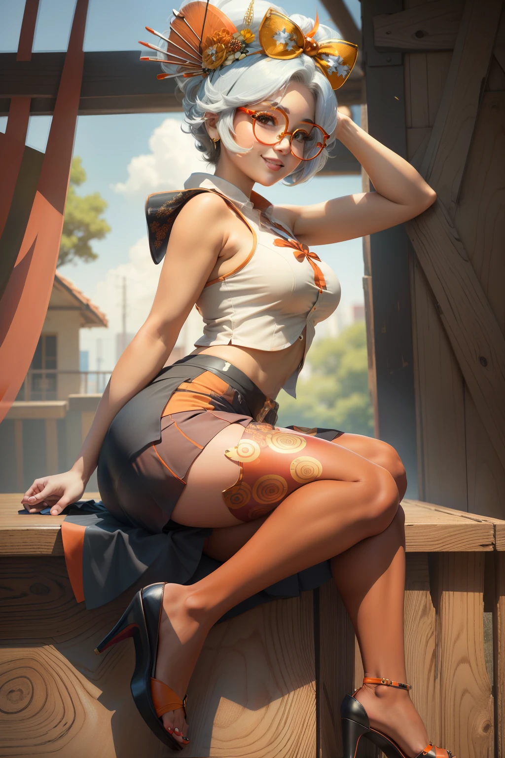 masterpiece, best quality, purah, red glasses, hair ornament, sleeveless shirt, black skirt, orange leggings, high heels, sitting, from side, looking at viewer, smile