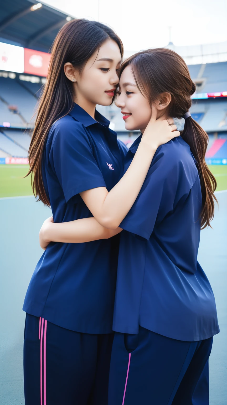 (bestquality,10,10,highres,masterpiece:1.2),ultra-detail,(Realistic,photorealistic portrait,photo-realistic:1.37),2 Cute girls on the football field,oily shiny skin,bara,light smile,BDclothes,((blue shirt:1.3)),short sleeves,shirt, trousers.,(navy_long_Pants Track:1.1), ((Stadium Background:1.3)),dynamic angle,excited,face focus,Dynamic Poses,from behide,Ass Focus,masterpiece, bestquality, ultra realistic, hyper-detail, 8k resolution, RAW photo, crisp focus, ((Navy blue shirt:1.1)), short sleeves, Long Path, Perfect body, 2 mature women, 18yo, cinematic light,Blue sweatpants,Gymware,Correct anatomy,Complete body, Correct body, sharp face, Anatomically correct body, full entire body, Realistic gestures, long-haired, Realistic poses,Wear long shorts...,Long leg span,Shapely,Sculpting Girl, 2 girls kissing each other, Realistic kiss , Emotional Kiss