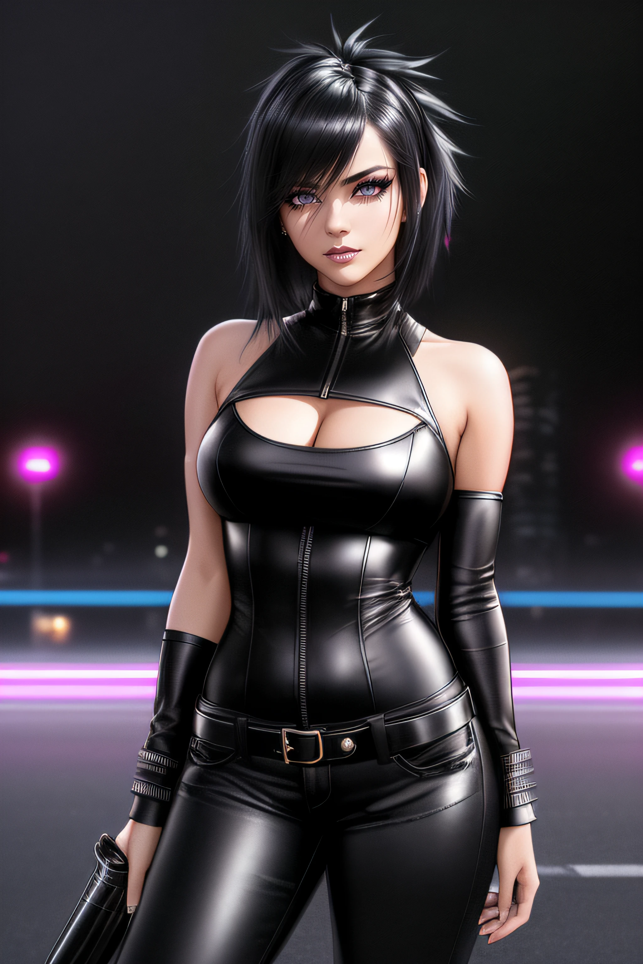 beautiful girl, ((standing:1.4)), (confident gaze:1.1), full body, short bright neon streaked black hair, ((large light realistic highly detailed eyes:1.4)), ((seductive pose:1.2)), black eyeshadow, (street style wear:1.2), ((tight fitted pants)), ((knee high leather boots)), (dark city night black background:1.4), dark makeup, digital art, trending on artstation, highly detailed, fine detail, intricate, beautiful detailed glow, detailed, Cinematic light, high-res, detailed facial features, sharp focus, smooth, aesthetic,