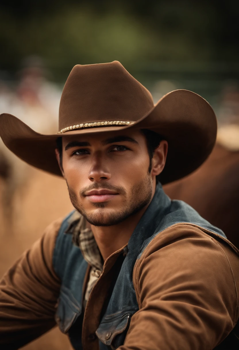 Portrait of a handsome 25-year-old rodeo rider with a perfect, beautiful face, brasileiro, em cima de um touro ( em uma arena de rodeio, )