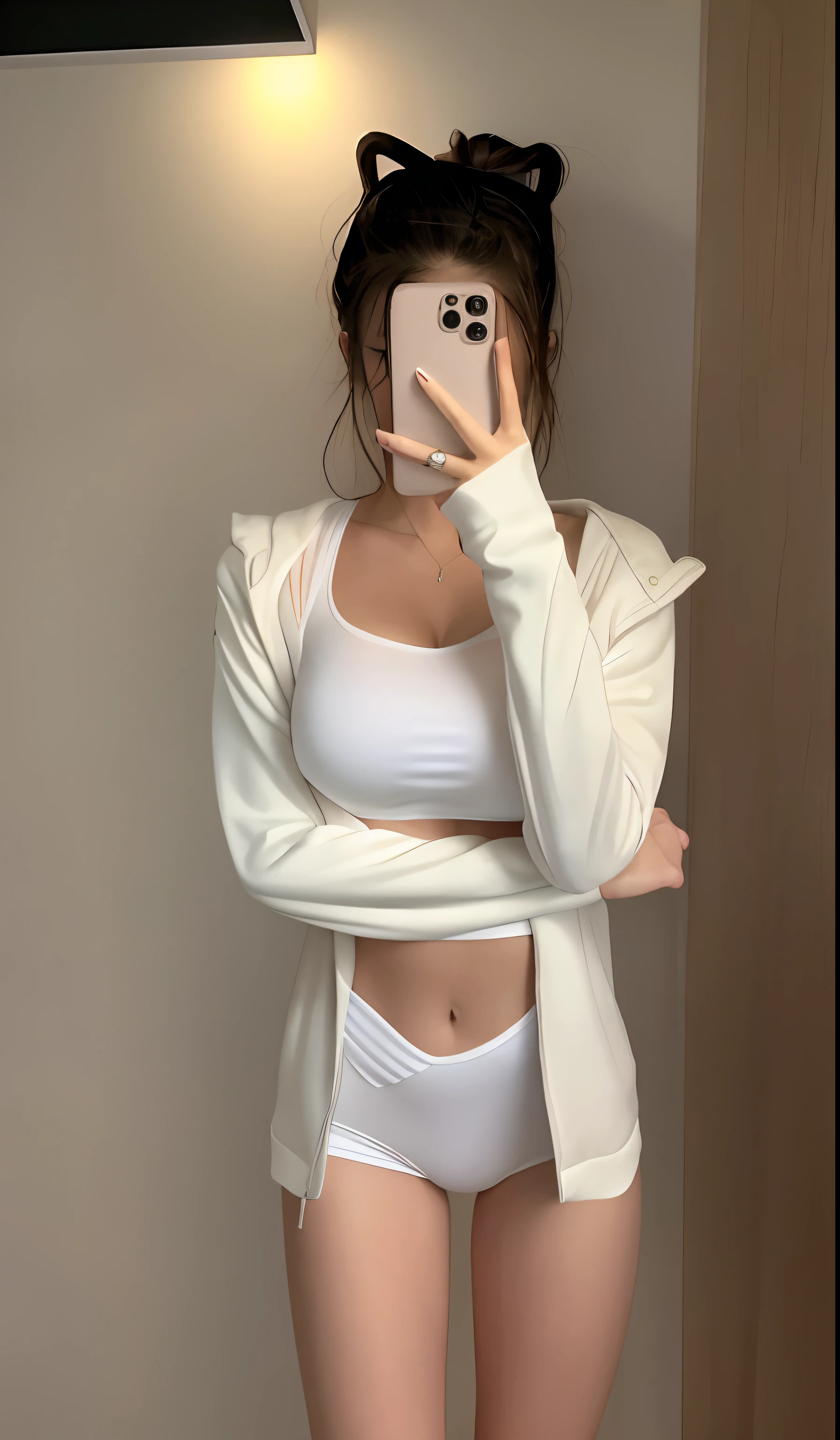 there is a woman that is taking a selfie in a mirror, generous cleavage open jacket, Open jacket, Open V chest clothes, smooth white tight clothes suit, cropped shirt with jacket, Short jacket, Long shirt, Slender waist, jiyun chae, photo of slim girl, 2 4 year old female model, with ripped crop t - shirt, cottagecore!! fitness body