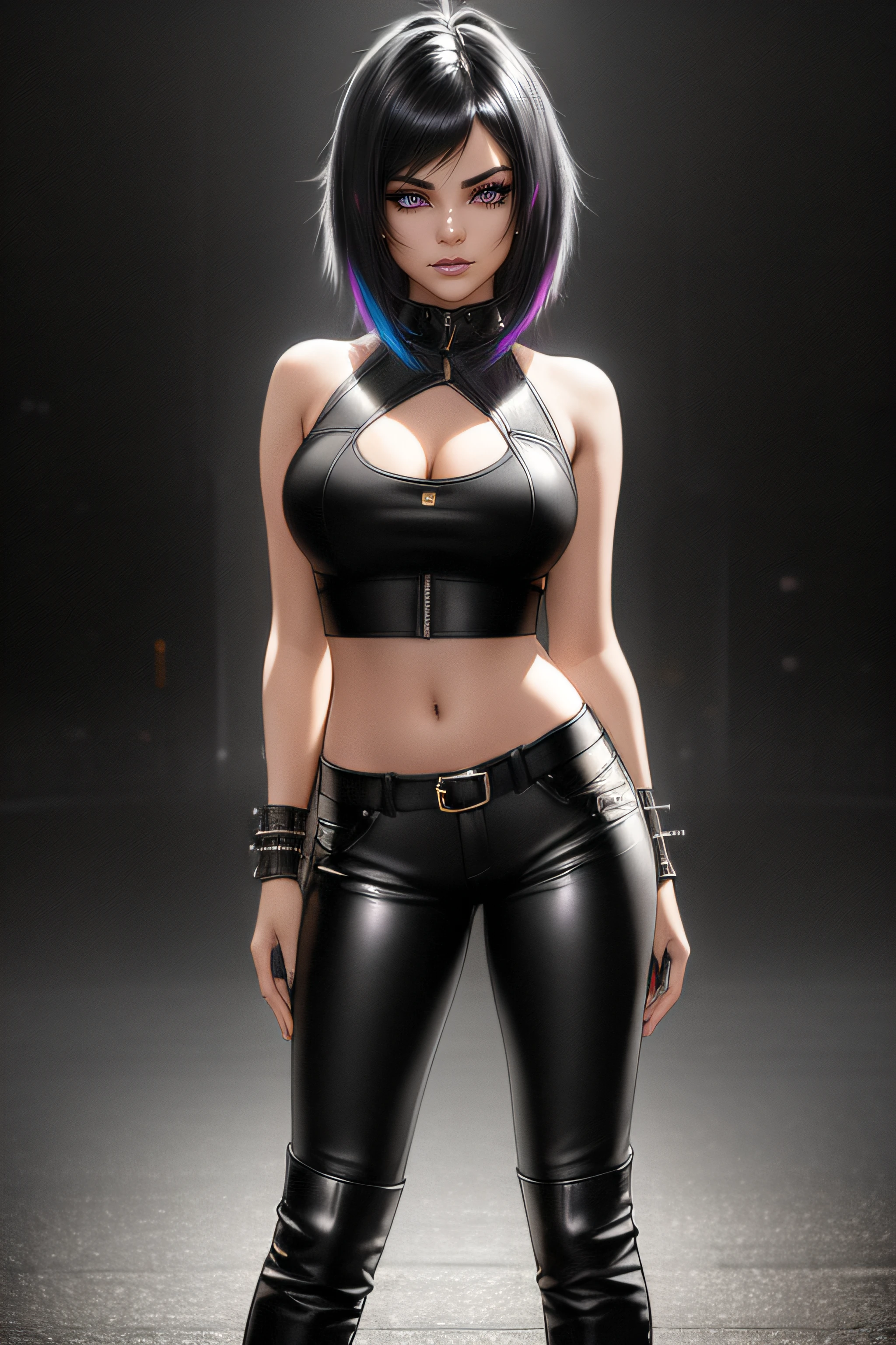 beautiful girl, ((standing:1.4)), (confident gaze:1.1), full body, short bright neon streaked black hair, ((large light realistic highly detailed eyes:1.4)), ((seductive pose:1.2)), black eyeshadow, (street style wear:1.2), ((tight fitted pants)), ((knee high leather boots)), (dark city night black background:1.4), dark makeup, digital art, trending on artstation, highly detailed, fine detail, intricate, beautiful detailed glow, detailed, Cinematic light, high-res, detailed facial features, sharp focus, smooth, aesthetic,