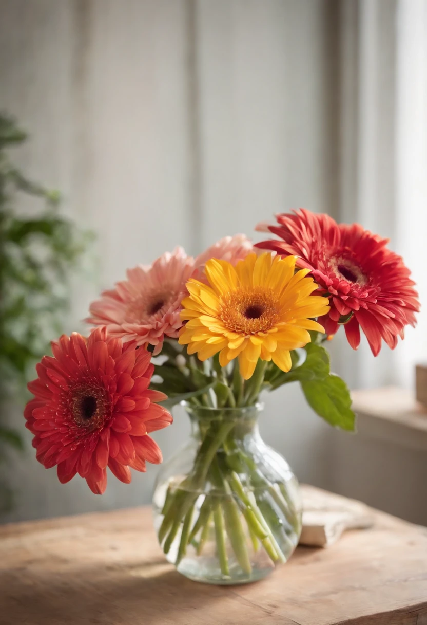 "RAW photo, Best,Masterpiece, Best quality, High quality, Extremely detailed,There are gerberas blooming in the vase, Still Life Photo Gallery, Still life photography, cozy studio photography, Rustic setting, Pastel vignette, still life photo of a backdrop,  on a wooden desk, indoor picture, Rustic,  interior scenes,"