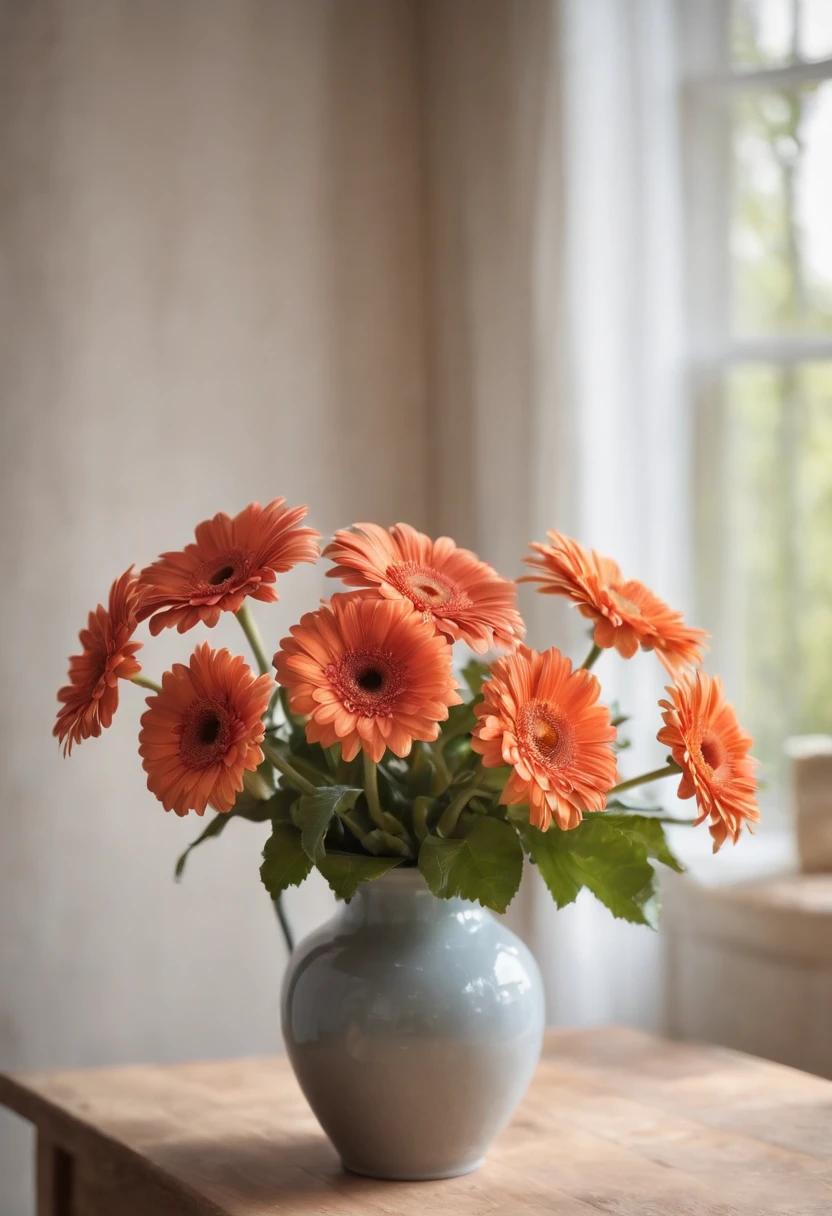 "RAW photo, Best,Masterpiece, Best quality, High quality, Extremely detailed,There are gerberas blooming in the vase, Still Life Photo Gallery, Still life photography, cozy studio photography, Rustic setting, Pastel vignette, still life photo of a backdrop, on a wooden desk, indoor picture, Rustic, interior scenes,"