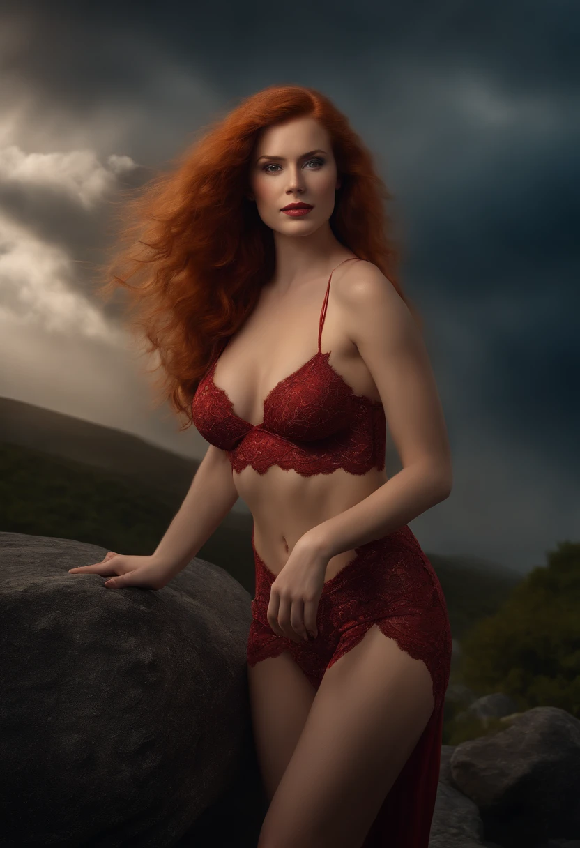 Masterpiece, (((full figure supermodel))), (((magical lighting action shot))) (((beautiful redhead fit pale smiling goddess Irish woman standing on stone surrounded by clouds in heaven vast surreal fantasy landscape))), (((red lace mesh exotic intricate heavenly outfit under boobs hanging out, porny, looking into the camera))) , ((( redhead hair, accurate hands accurate eyes))) moody lighting, blue hour, blue colors, very detailed, dramatic lighting, digital art trending on Artstation 8k HD high definition detailed realistic, detailed, skin texture, hyper detailed, realistic skin texture, armature, best quality, ultra high res, (photorealistic:1.4), high resolution, detailed, raw photo, sharp re, nikon d850 film stock photograph 4 kodak portra 400 camera f1.6 lens rich colors hyper realistic lifelike texture dramatic lighting unrealengine trending on artstation cinestill 800, (((accurate female anatomy, perfect eyes))) (((500px, fstoppers, photosight.ru, metart, femjoy, joymii, iso noise)))