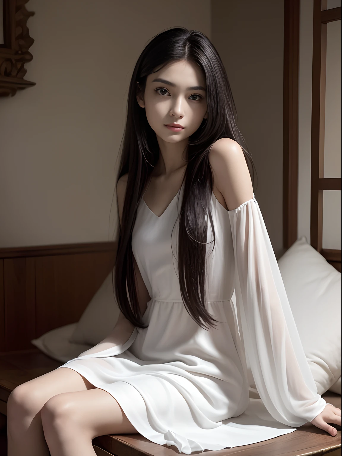 (Photorealistic),(Masterpiece),(ultra-detailed),a very pretty 20 year old girl who has not eaten for 10 years, extremely thin and frail, arm and legs extremely thin as a stick with no fat, smiling faintly, feeling but enduring extreme hunger, wearing a long and loose silky white dress, long hair,big eyes, extremely small face,have almost no fat,extremely weak,whole body,extremely feeble,sitting,legs extremely thin as arms,have almost no energy