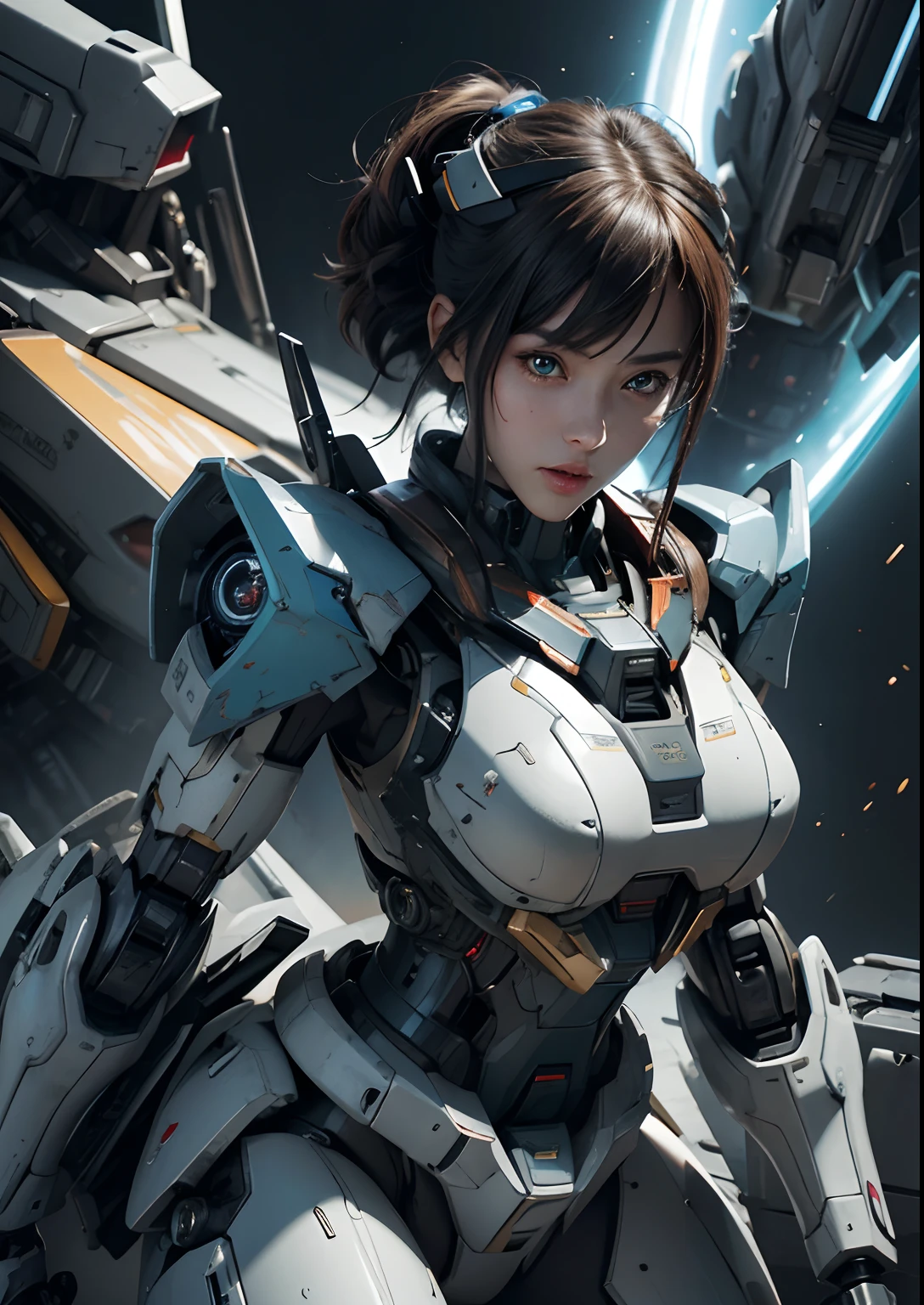 Textured skin, Super Detail, high details, High quality, Best Quality, hight resolution, 1080p, hard disk, Beautiful,(Gundam),beautiful cyborg woman,Mecha Cyborg Girl,Battle Mode,Girl with a Mecha Body,She wears a futuristic Gundam mecha,Fulll body Shot