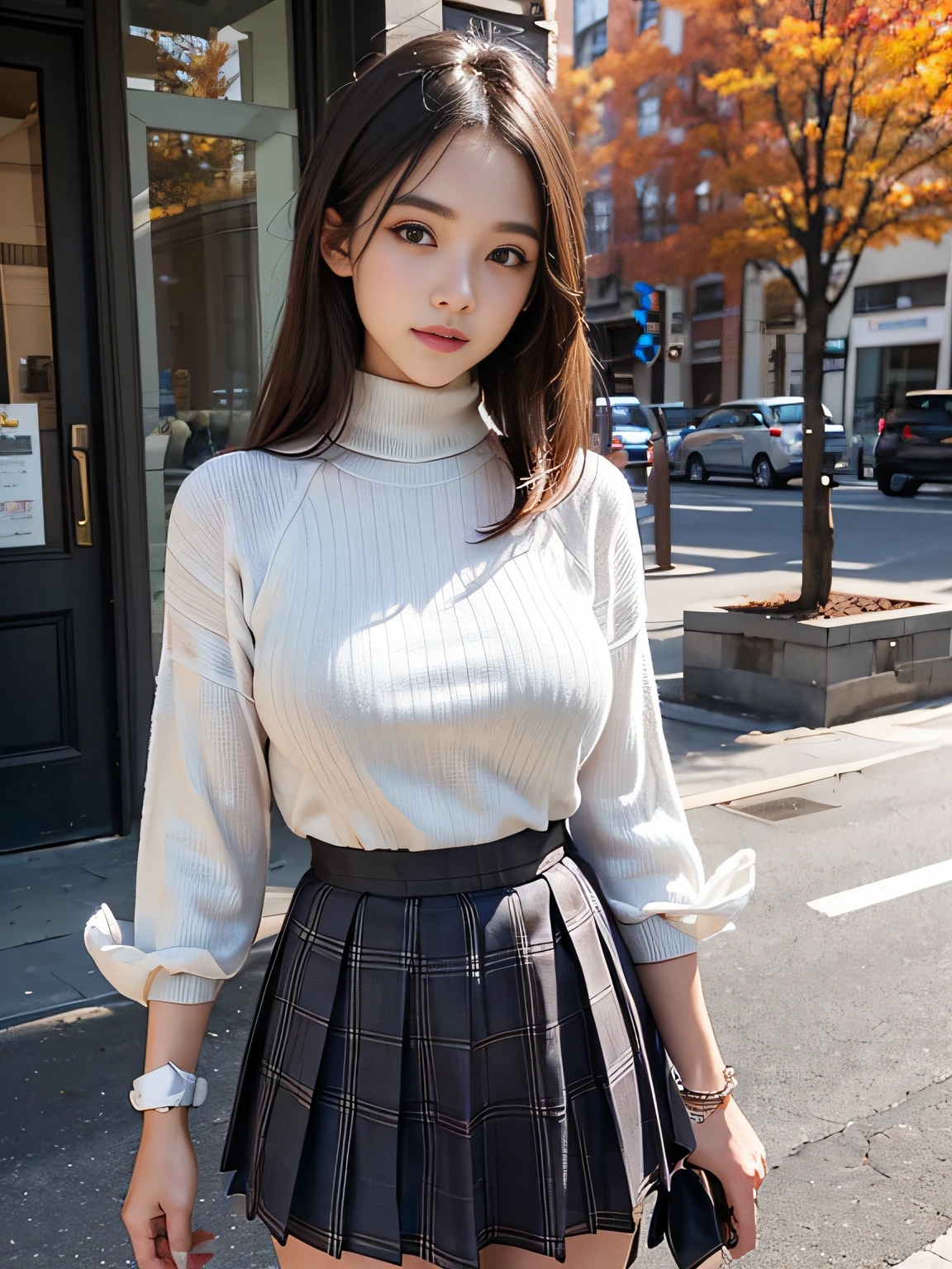 (8K high image quality), (top-quality), (Original image quality),(masutepiece:1.2), (Realistic), (Photorealistic:1.37), Goose egg face,largeeyes,long eyelasher,Exquisite（live-action realistic style）,The ultimate face,Photorealistic light and shadow,Clear facial features,Milky skin,Fair skin, highdetailskin,Realistic skin details,Visible Pore,（Super detail）,Hair length is random, （Flowing hair）,Take the best portraits,Shoot from a short distance,Ultra-detailed, 1-girl, Cute,Beautiful detailed eyes, Beautiful detailed nose, highlydetailed skin,full bodyesbian ,(Eye contact),(Colossal tits、breast enhancement)、(Beautiful face with double eyelids),((Full-body image)), (Realism: 1.4),High image quality, Excellent details, Ultra-high resolution, (Show your best smile to the audience), , favor details, High condensation,Delicate and beautiful face,,20yr old,(Beautiful Face 1.4),slenderness, (High neck long knit sweater:1.2)、(Plaid pleated skirt:1.2),((Do not slip the hem of the sweater into the skirt、longer sleeves:1.2)),((Autumn view)),shooting in the city,(This is a full-body shot.),The color of the sweater is random,The color of the skirt is random