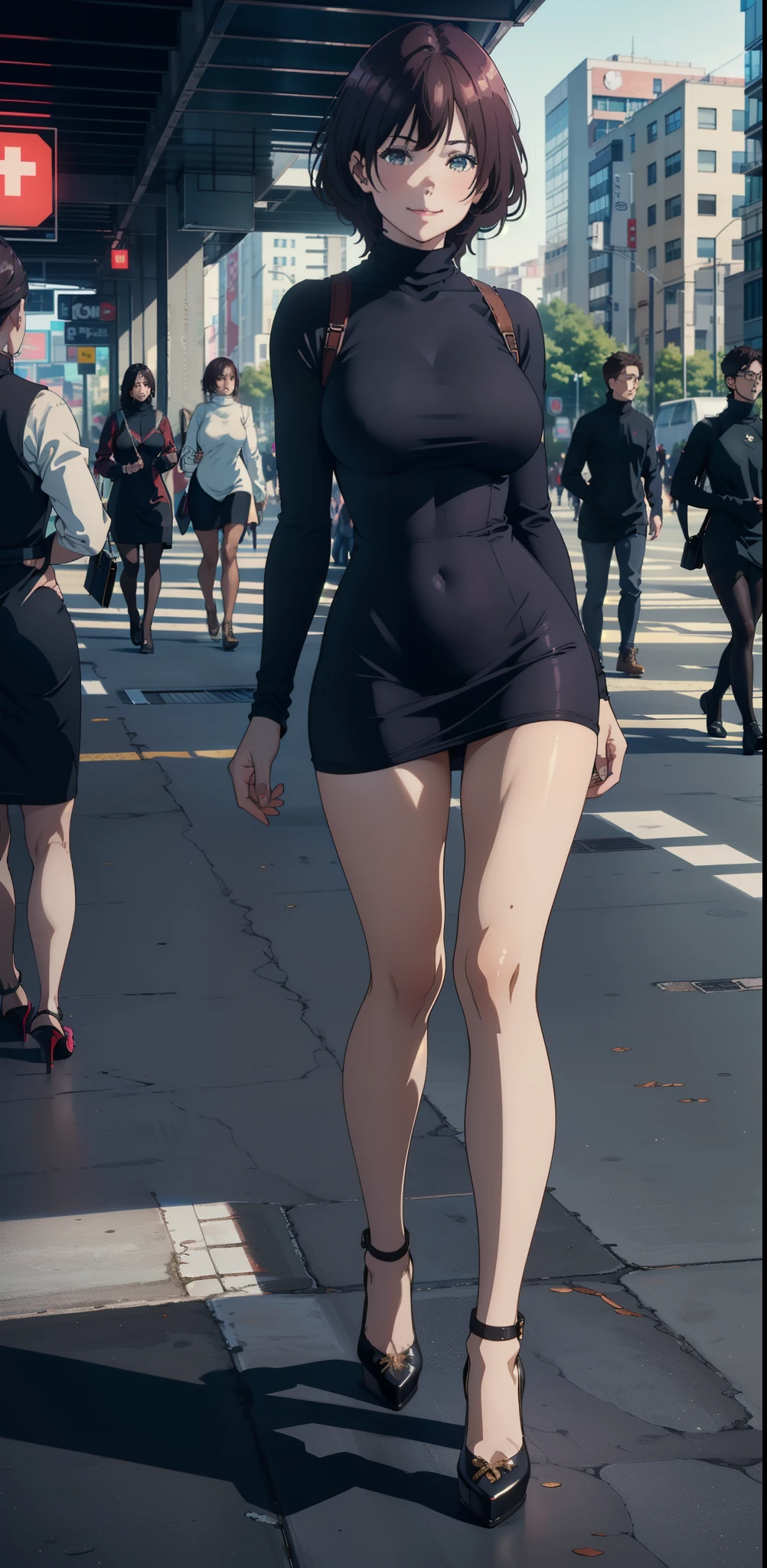 1girl:1.5, masterpiece,(in the middle of the city:1.5), raw color, 8k, illustrator, masterpiece, high quality, 8k, high resolution, high detailed, midriff, high quality, （very detailed cg unity 8k wallpaper），best qualtiy，cinematic lighting, ultra - detailed，masterpiece，）, (cleavage:1), (bodypress hollow chest turtleneck dress:1.5), (big breast), depth of field, front view, smirk smile, detail face, armpit, full body, (highheels), (full body shot)