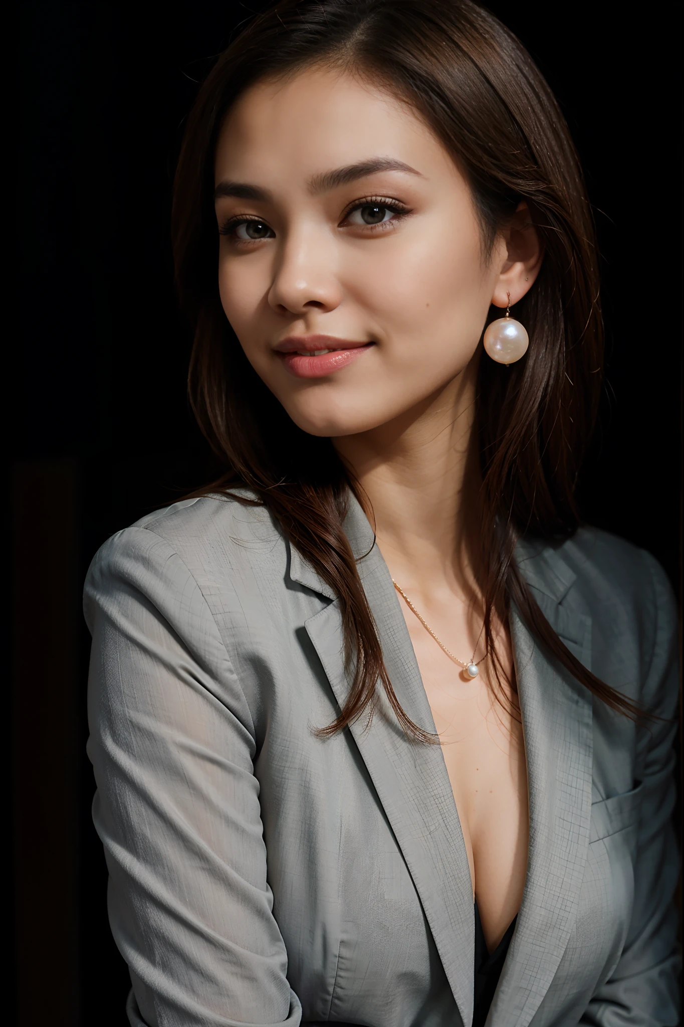 RAW Photo, DSLR BREAK (kkw-ph1:0.9) BREAK portrait of ung 20yo woman, brown hair, wearing dark grey suit, wearing pearl earrings, perfect eyes, perfect lips, perfect nose, professional color graded, wonderful woman, dark background, cute woman. filipina, pinay, filipino woman, smiling