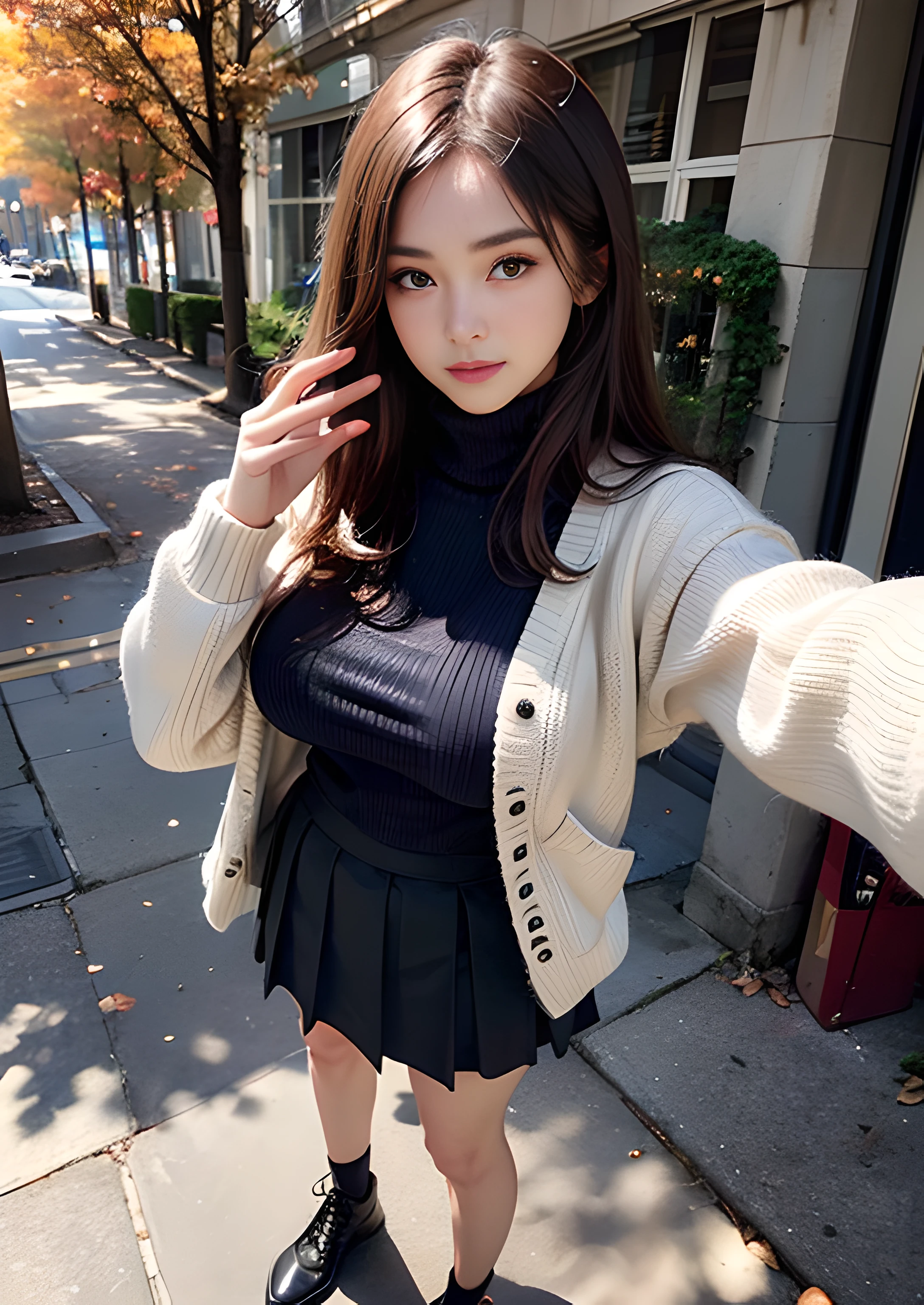 (8K high image quality), (top-quality), (RAW image quality),(masutepiece:1.2), (Realistic), (Photorealistic:1.37), Goose egg face,largeeyes,long eyelasher,Exquisite(Live-action realistic style),The Ultimate Face,Photorealistic light and shadow,Clear facial features,milky skin,Fair skin, highlydetailed skin,Realistic skin details,Visible Pore,(Super Detail),Hair length is random, (Flowing hair),Shoot for viewers,Shooting from a distance,, 1girl in, Cute,Beautiful detailed eyes, beautiful detailed nose,,Full body ,(eyecontact),(Colossal tits、Breast Abundance)、(Beautiful face with double eyelids),((fullbody image)), (Realism: 1.4),High image quality, Ultra-high resolution, (Show your viewers your best smile), The best illustrations, favor details, Highly condensed 1girl,delicate and beautiful face,20yr old,(Beautiful Face 1.4),A slender, (Long Hand Knit Sweater with Turtleneck:1.2)、(pleatedskirt:1.2),((Do not slip the hem of the sweater inside the skirt、long-sleeve:1.2)),((Scenery with an autumn atmosphere)),Filmed in the city,(It's a full-body shot.),Standing like a model,The color of the sweater is random,The color of the skirt is random