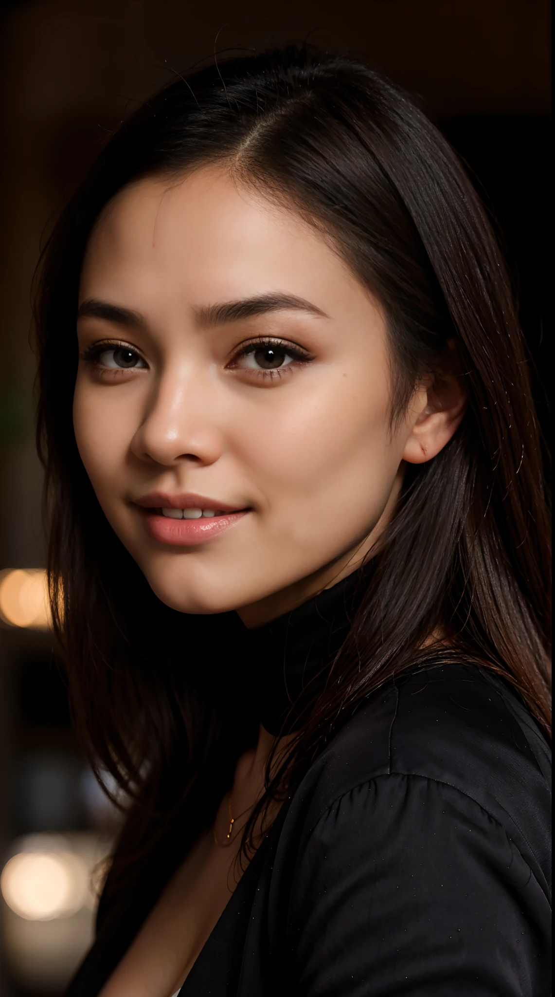 RAW Photo, DSLR BREAK (kkw-ph1:0.9) BREAK portrait of ung 20yo woman, brown hair, wearing black and grey suit, perfect eyes, perfect lips, perfect nose, professional color graded, wonderful woman, dark background, cute woman. filipina, pinay, filipino woman, smiling