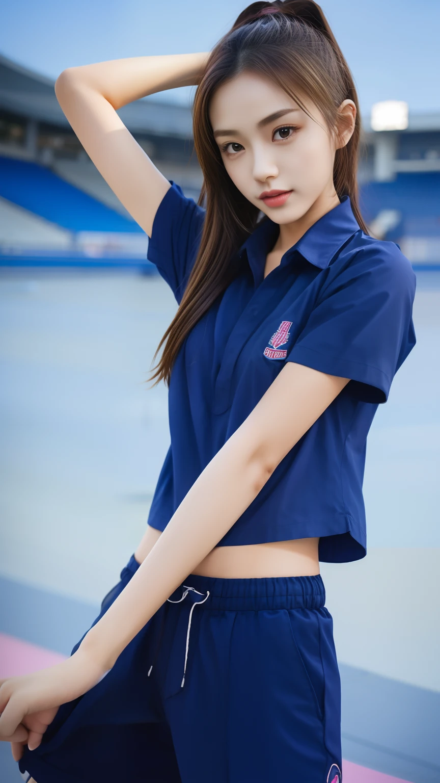 (bestquality,10,10,highres,masterpiece:1.2),ultra-detail,(Realistic,photorealistic portrait,photo-realistic:1.37),1 Cute girl in the football field,oily shiny skin,bara,light smile,BDclothes,((blue shirt:1.3)),short sleeves,Shirt, trousers.,(navy_long_Pants Track:1.1), ((Stadium Background:1.3)),dynamic angle,excited,face focus,Dynamic Poses,from behide,Ass Focus,masterpiece, bestquality, ultra realistic, hyper-detail, 8k resolution, RAW photo, crisp focus, ((Navy blue shirt:1.1)), short sleeves, Long Path, Perfect body, 2 mature women, 18yo, cinematic light,Blue sweatpants,Gymware,Correct anatomy,Complete body, Correct body, sharp face, Anatomically correct body, full entire body, Realistic gestures, long-haired, Realistic poses,Wear long shorts..,Long leg span,Shapely,Sculpting Girl, mannequin mannequins, Slim figure, Shapely, Beautiful body