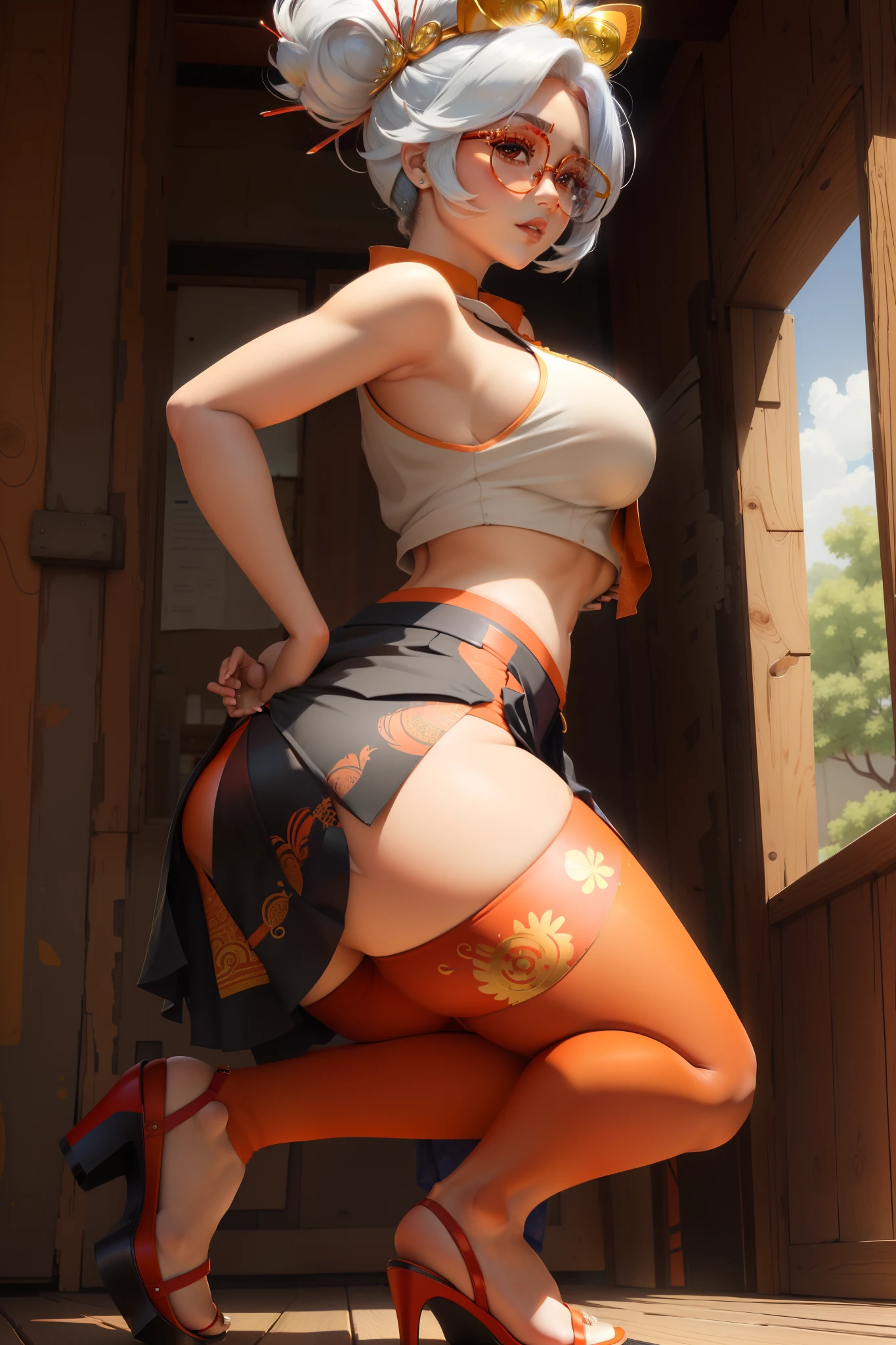 Purah, masterpiece, best quality, red glasses, hair ornament, sleeveless shirt, black skirt, orange leggings, high heels, from side, looking at viewer, seductive, {nsfw}