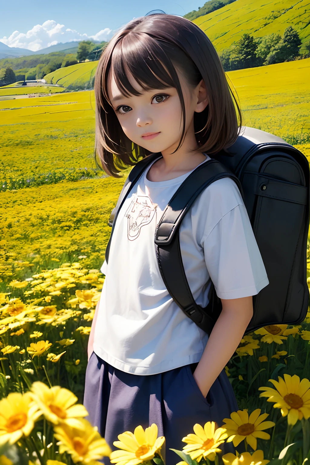 A very charming  girl with a backpack and her cute little dog enjoying a lovely spring outing surrounded by beautiful yellow flowers and nature. The illustration is a high-definition illustration in 4K resolution with highly detailed facial features and cartoon-style visuals.