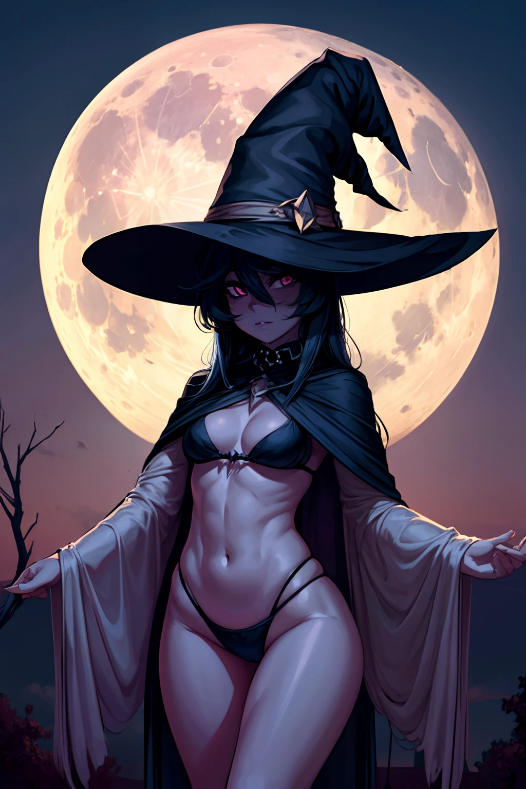 looking at viewer, full moon, night, witch hat, flat breasts, thin body, unattractive