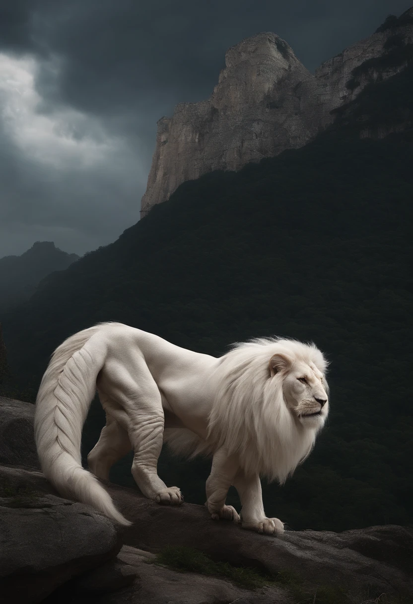 manticore,3 storeys high,50 meters long,Off-white hair,The hair is particularly long all over the body,The body is like a crocodile,The head is like a dog's head,terroral,blood vess,In the city,People are eaten in the mouth,Full body like。