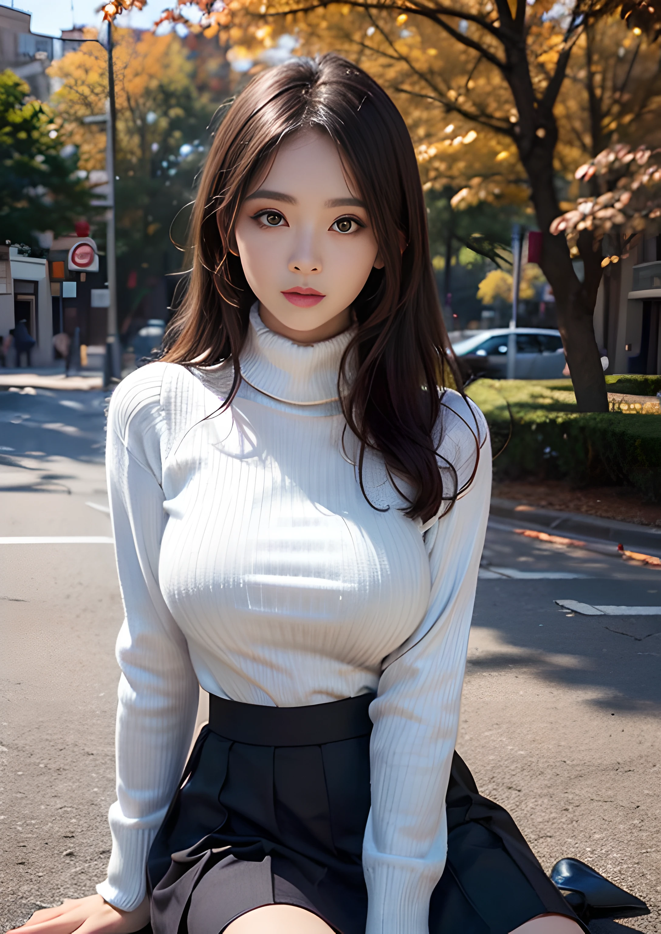 (8K high image quality), (top-quality), (RAW image quality),(masutepiece:1.2), (Realistic), (Photorealistic:1.37), Goose egg face,largeeyes,long eyelasher,Exquisite（Live-action realistic style）,The Ultimate Face,Photorealistic light and shadow,Clear facial features,milky skin,Fair skin, highdetailskin,Realistic skin details,Visible Pore,（Super Detail）,Hair length is random, （Flowing hair）,Shoot for viewers,Shot from a short distance,Ultra-detailed, 1girl in, Cute,Beautiful detailed eyes, beautiful detailed nose, highlydetailed skin,Full body ,(eyecontact),(Colossal tits、Breast Abundance)、(Beautiful face with double eyelids),((fullbody image)), (Realism: 1.4),High image quality, excellent details, Ultra-high resolution, (Realism: 1.4),  The best illustrations, favor details, Highly condensed 1girl,delicate and beautiful face, 1girl in,20yr old,(Beautiful Face 1.4),A slender, (Longhand knitted sweater with turtleneck:1.2)、(pleatedskirt:1.2),((Do not slip the hem of the sweater inside the skirt、long-sleeve:1.2)),((Autumn atmosphere)),Filmed in the city