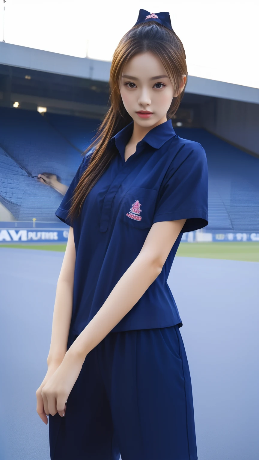 (bestquality,10,10,highres,masterpiece:1.2),ultra-detail,(Realistic,photorealistic portrait,photo-realistic:1.37),1 Cute girl in the football field,oily shiny skin,bara,light smile,BDclothes,((blue shirt:1.3)),short sleeves,Shirt, trousers.,(navy_long_Pants Track:1.1), ((Stadium Background:1.3)),dynamic angle,excited,face focus,Dynamic Poses,from behide,Ass Focus,masterpiece, bestquality, ultra realistic, hyper-detail, 8k resolution, RAW photo, crisp focus, ((Navy blue shirt:1.1)), short sleeves, Long Path, Perfect body, 2 mature women, 18yo, cinematic light,Blue sweatpants,Gymware,Correct anatomy,Complete body, Correct body, sharp face, Anatomically correct body, full entire body, Realistic gestures, long-haired, Realistic poses,Wear long shorts..,Long leg span,Shapely,Sculpting Girl, mannequin mannequins, Slim figure, Shapely, Beautiful body