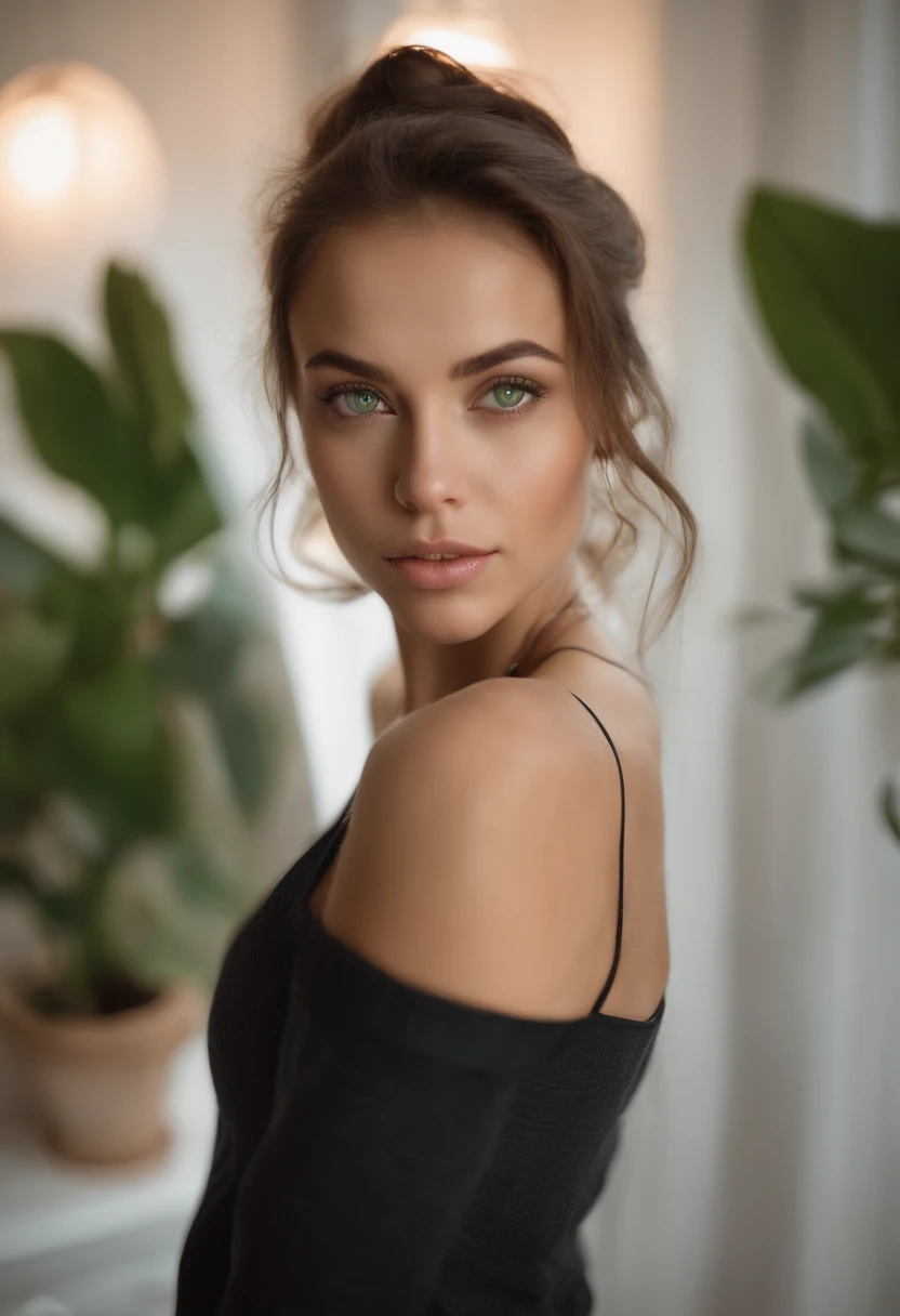 arafed woman with a white tank top and a necklace, sexy girl with green eyes, portrait sophie mudd, brown hair and large eyes, selfie of a young woman, bedroom eyes, violet myers, without makeup, natural makeup, looking directly at the camera, face with artgram, subtle makeup, stunning full body shot, clevage, piercing green eyes,completely naked show her