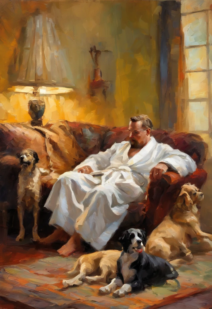 A man in a bathrobe is lying on the sofa, Next to it are three dogs and a bottle of champagne