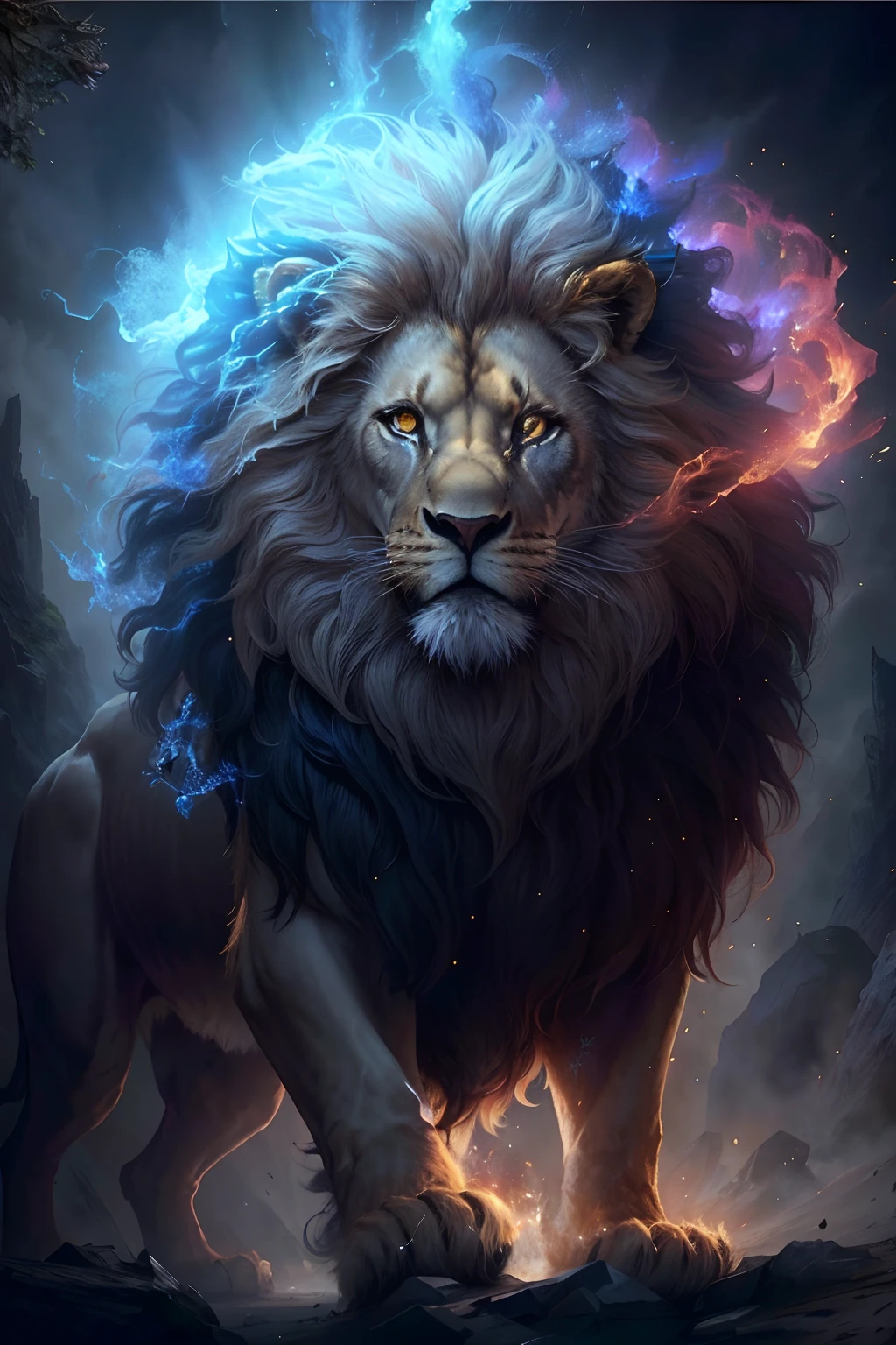 Close-up of a lion，Mane blue，There is a star on the head, fire lion, amazing wallpapers, Lion warriors, lord of beasts, phone wallpaper hd, gorgeous goddess of leo, roaring blue lion. Majestic, aslan the lion, 2 d full body lion, hd phone wallpaper, Majestic!!! Beautiful!!!, with the mane of a lion, lion，It shines brightly，Detailed facial expressions，ferocious，mighty，staredown，The lion's gaze