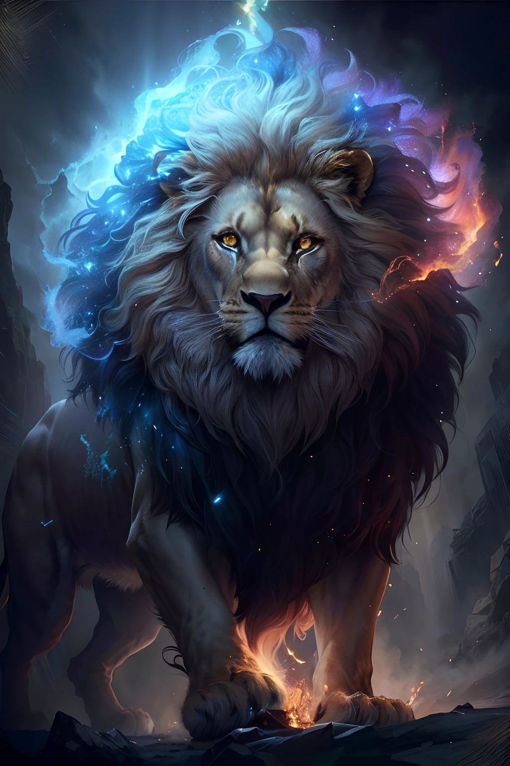 Close-up of a lion,Mane blue,There is a star on the head, fire lion, amazing wallpapers, Lion warriors, lord of beasts, phone wallpaper hd, gorgeous goddess of leo, roaring blue lion. Majestic, aslan the lion, 2 d full body lion, hd phone wallpaper, Majestic!!! Beautiful!!!, with the mane of a lion, lion,It shines brightly,Detailed facial expressions,ferocious,mighty,staredown,The lion's gaze