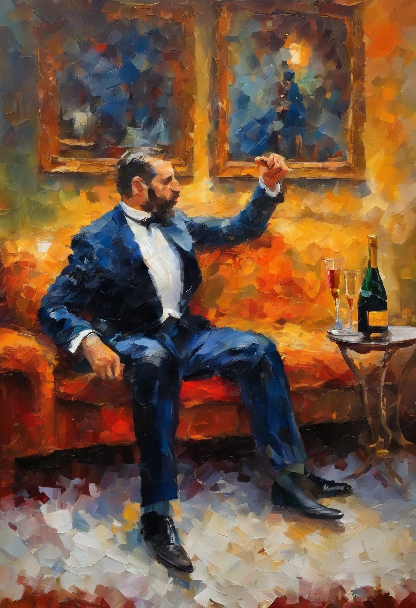 Man with a glass of champagne lying on the sofa, A big dog nearby, It's snowing outside the window