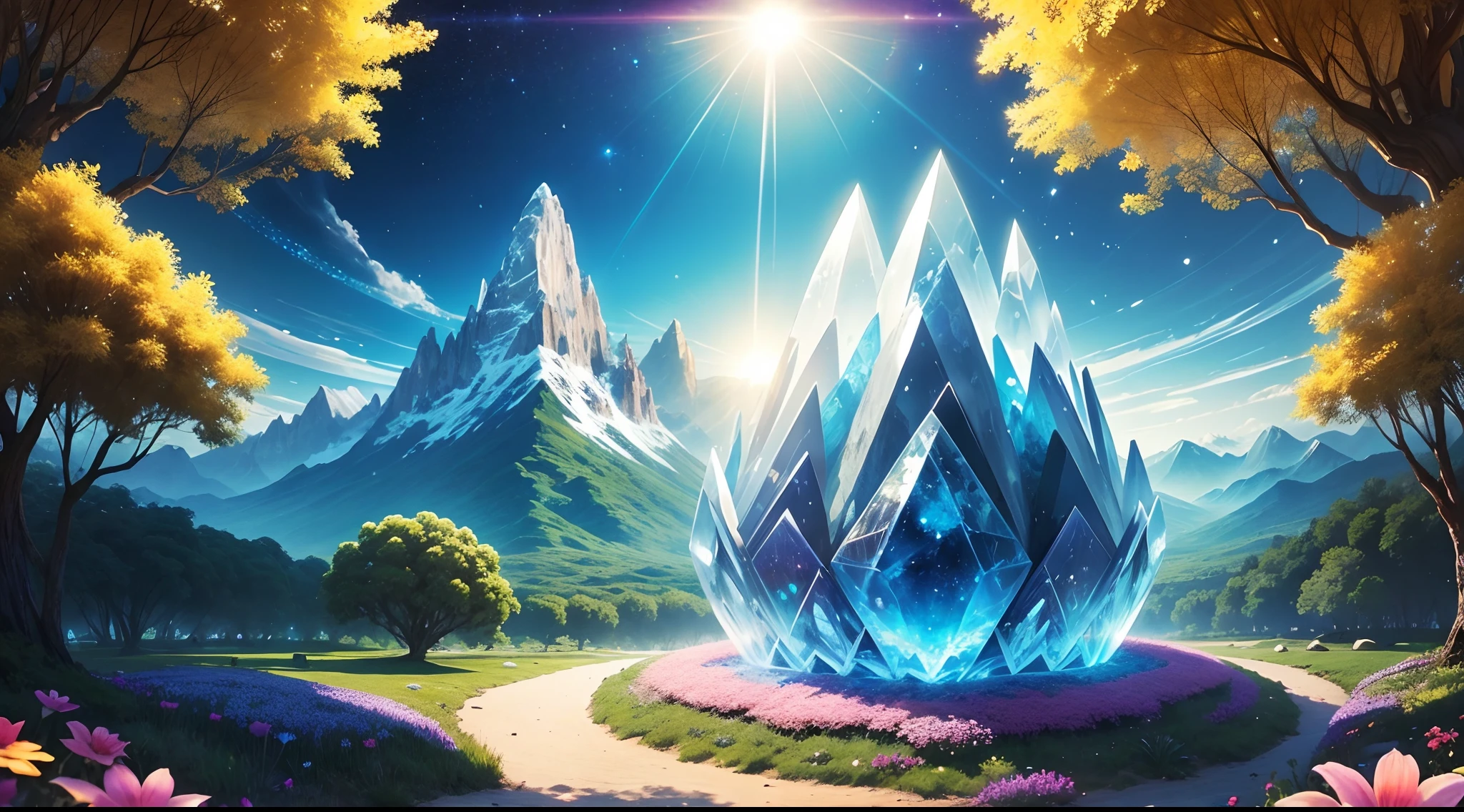 huge crystal transparent montain, sun, crystal forest, crystal flowers, kundalini, ancient source energy, universe, galaxy, crystal planet, soul, chakras, summer, tropical forest