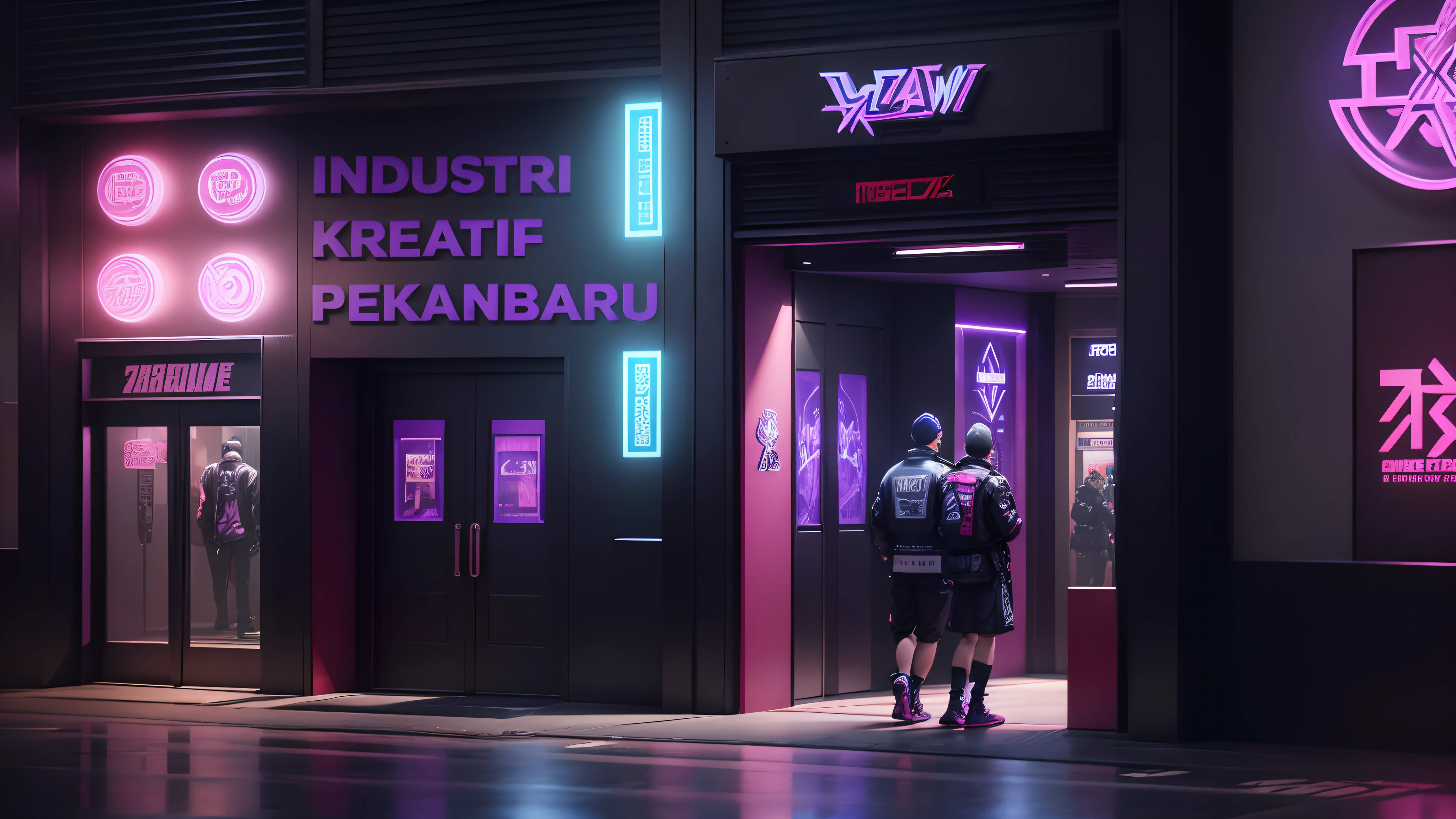 RAW Photo, outside view of the Luxury Game Zone in Mall, Retro Game, (front view), Japan, (3D Text Sign, 3D Logo, perfect sign, Detail Text, embossed letters), (Masterpiece Architecture), Extreme detail, Purple Background, (People, Street wear), (embossed text and logo). Cyberpunk. bright lighting