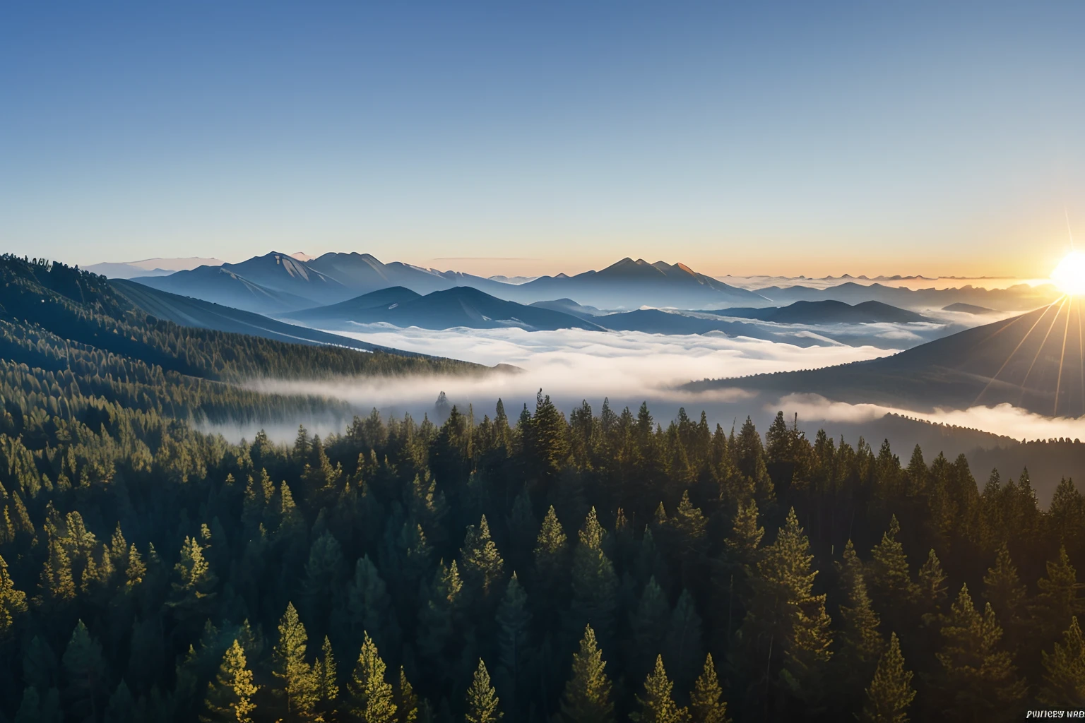 Misty Pine Forest, The Midday Sun, bird view, —AP 5:7 —S 1000